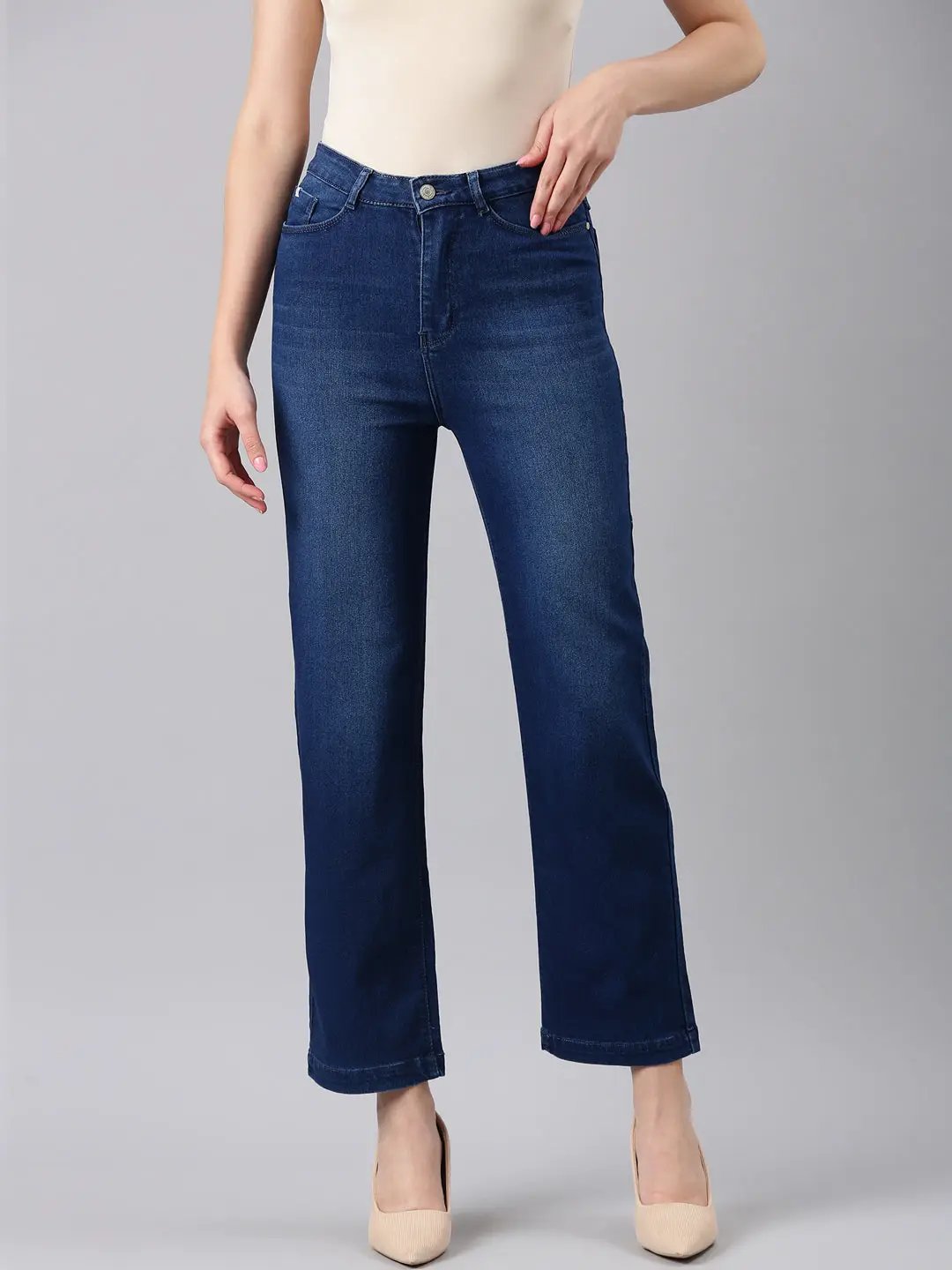 Women's Navy Blue Straight Fit Light Fade Acid Wash Denim Jeans
