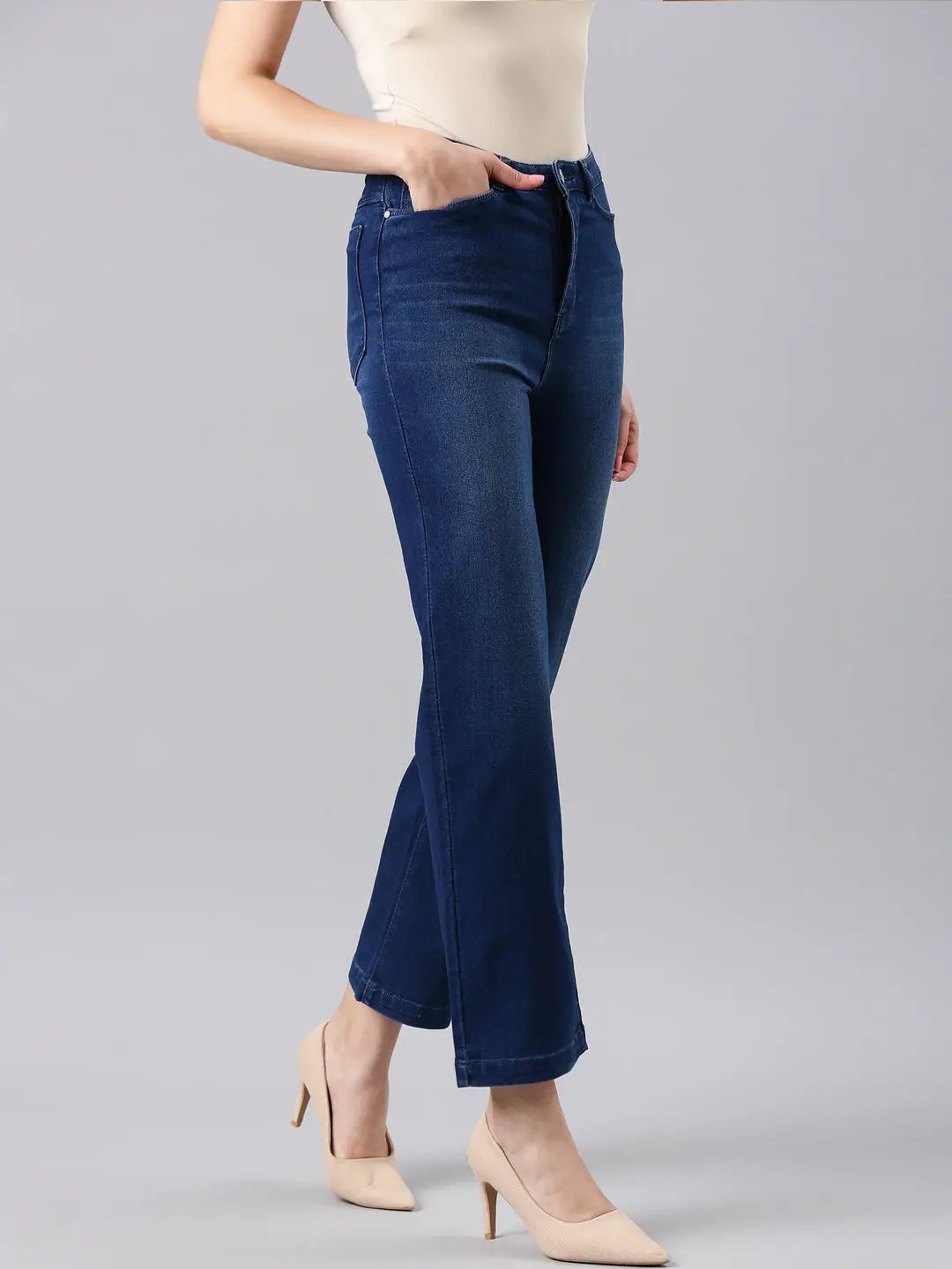 Women's Navy Blue Straight Fit Light Fade Acid Wash Denim Jeans