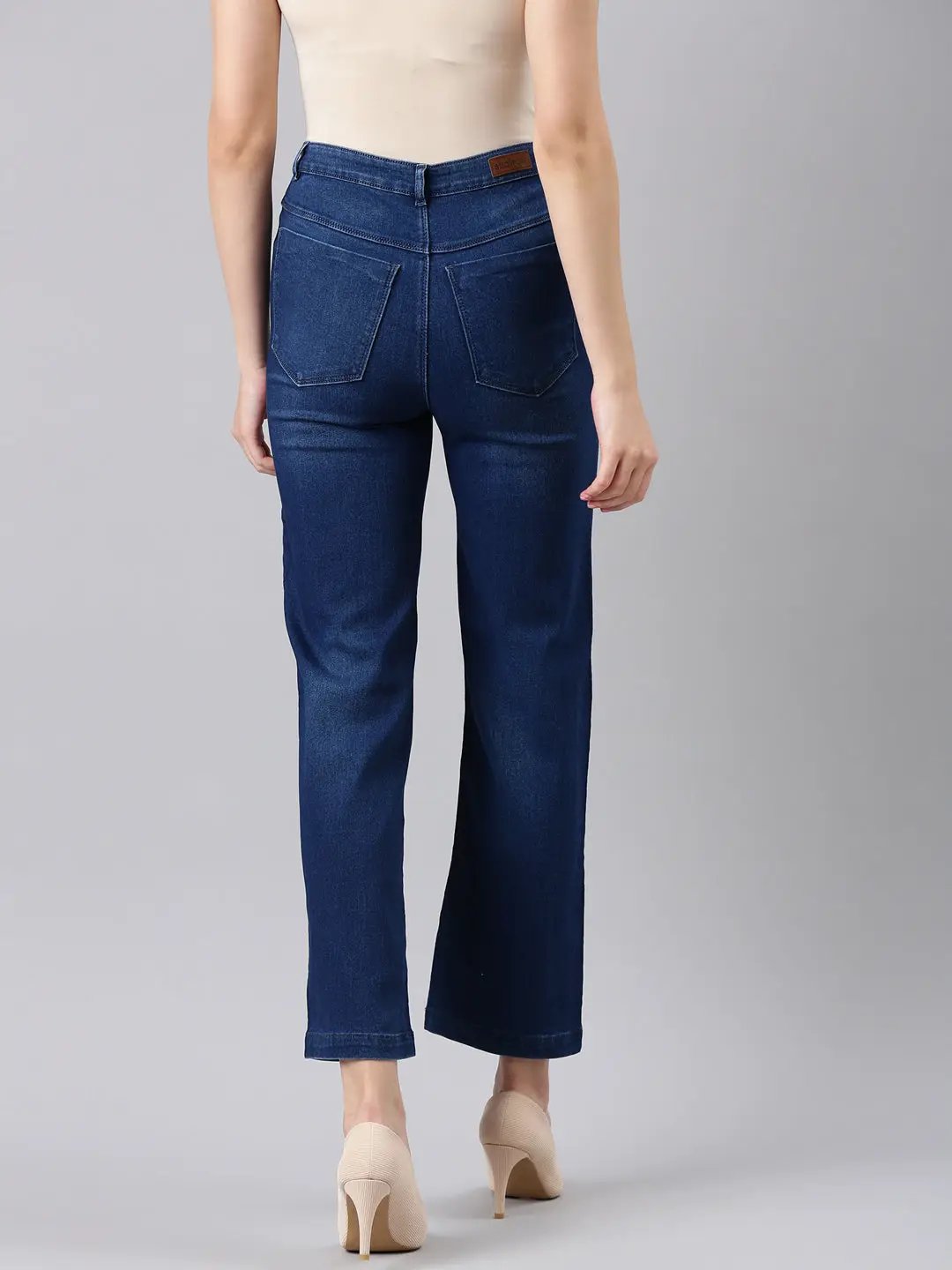 Women's Navy Blue Straight Fit Light Fade Acid Wash Denim Jeans