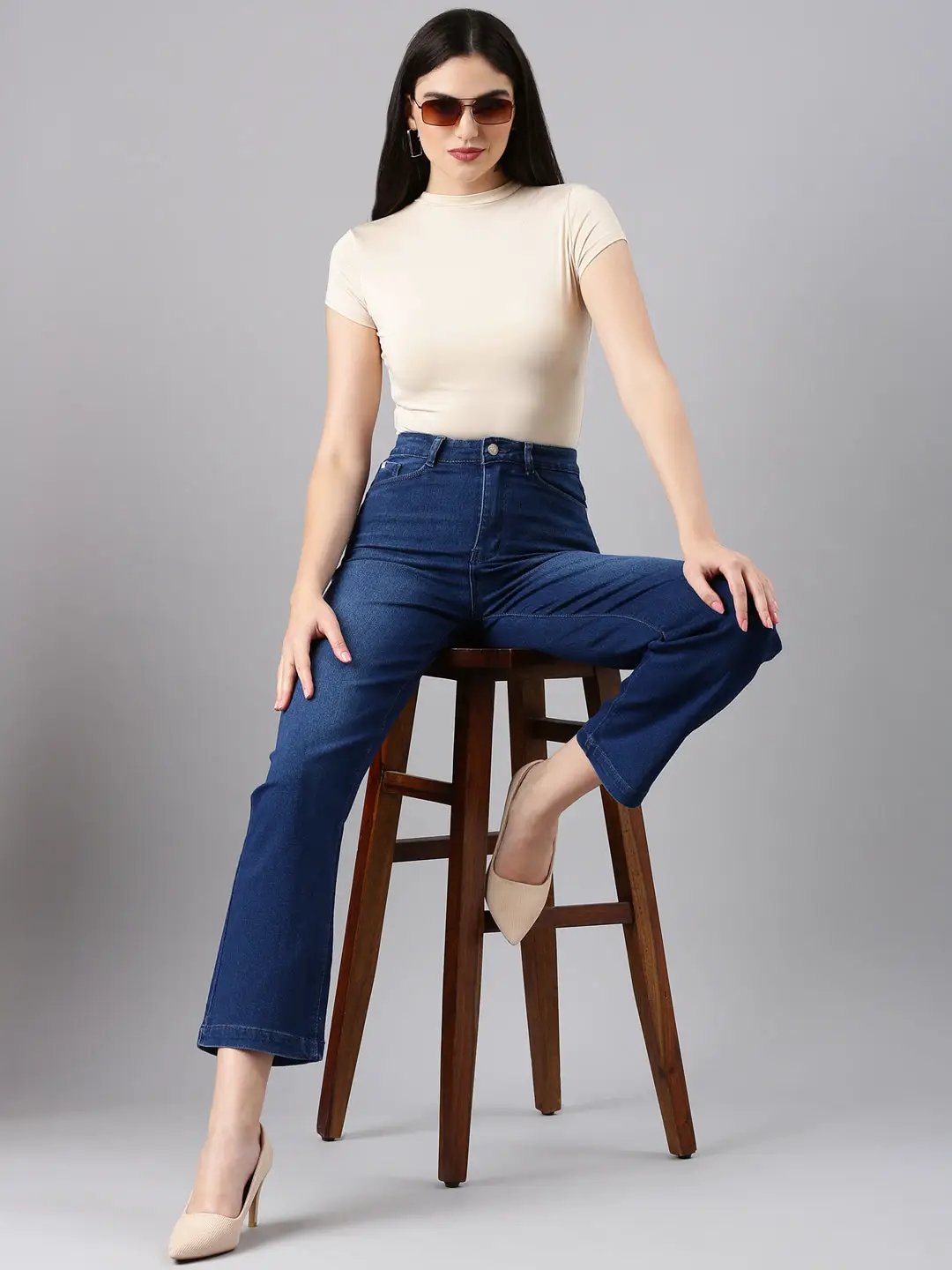 Women's Navy Blue Straight Fit Light Fade Acid Wash Denim Jeans