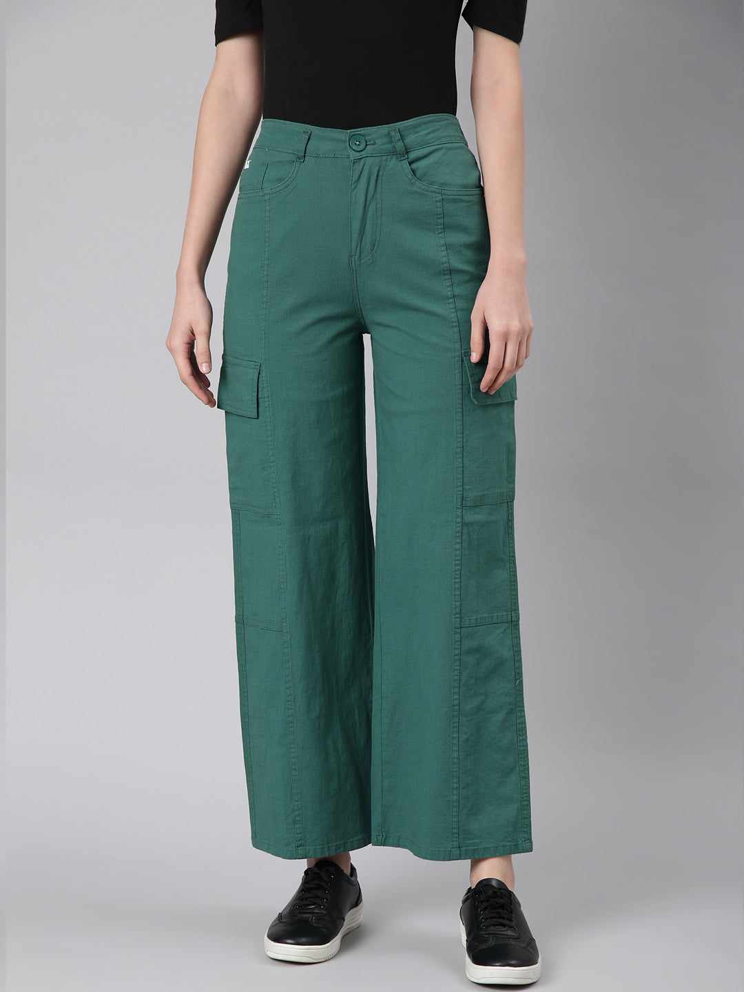 Women's Green Wide Leg Mid Rise Denim Jeans