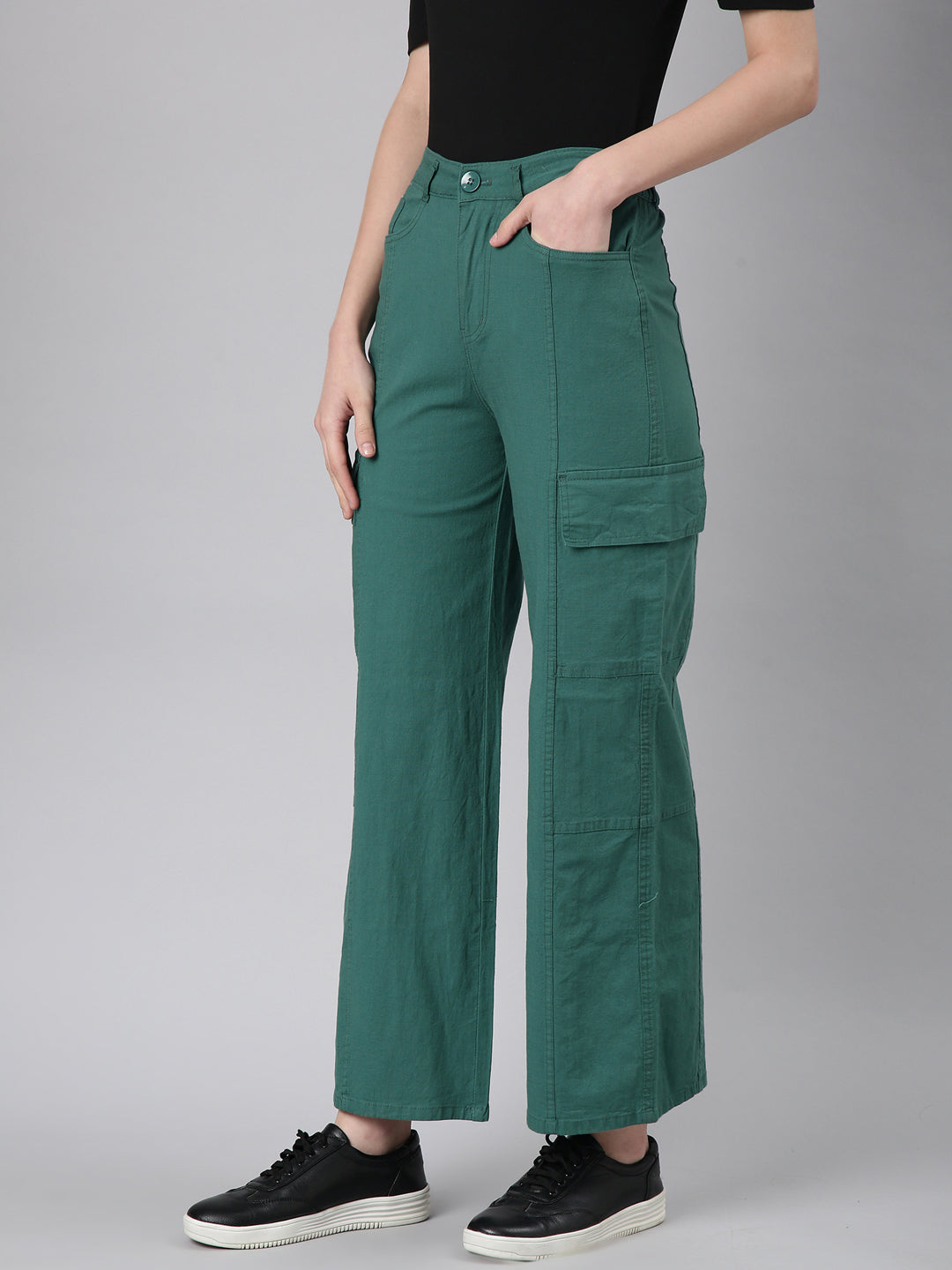 Women's Green Wide Leg Mid Rise Denim Jeans