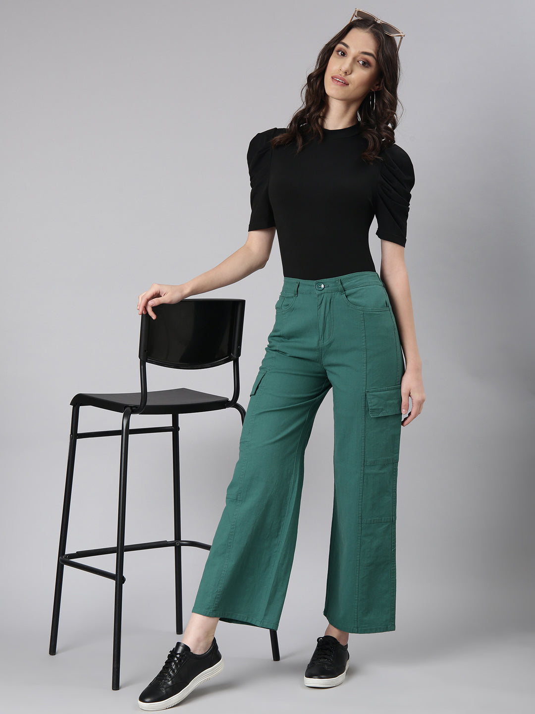 Women's Green Wide Leg Mid Rise Denim Jeans