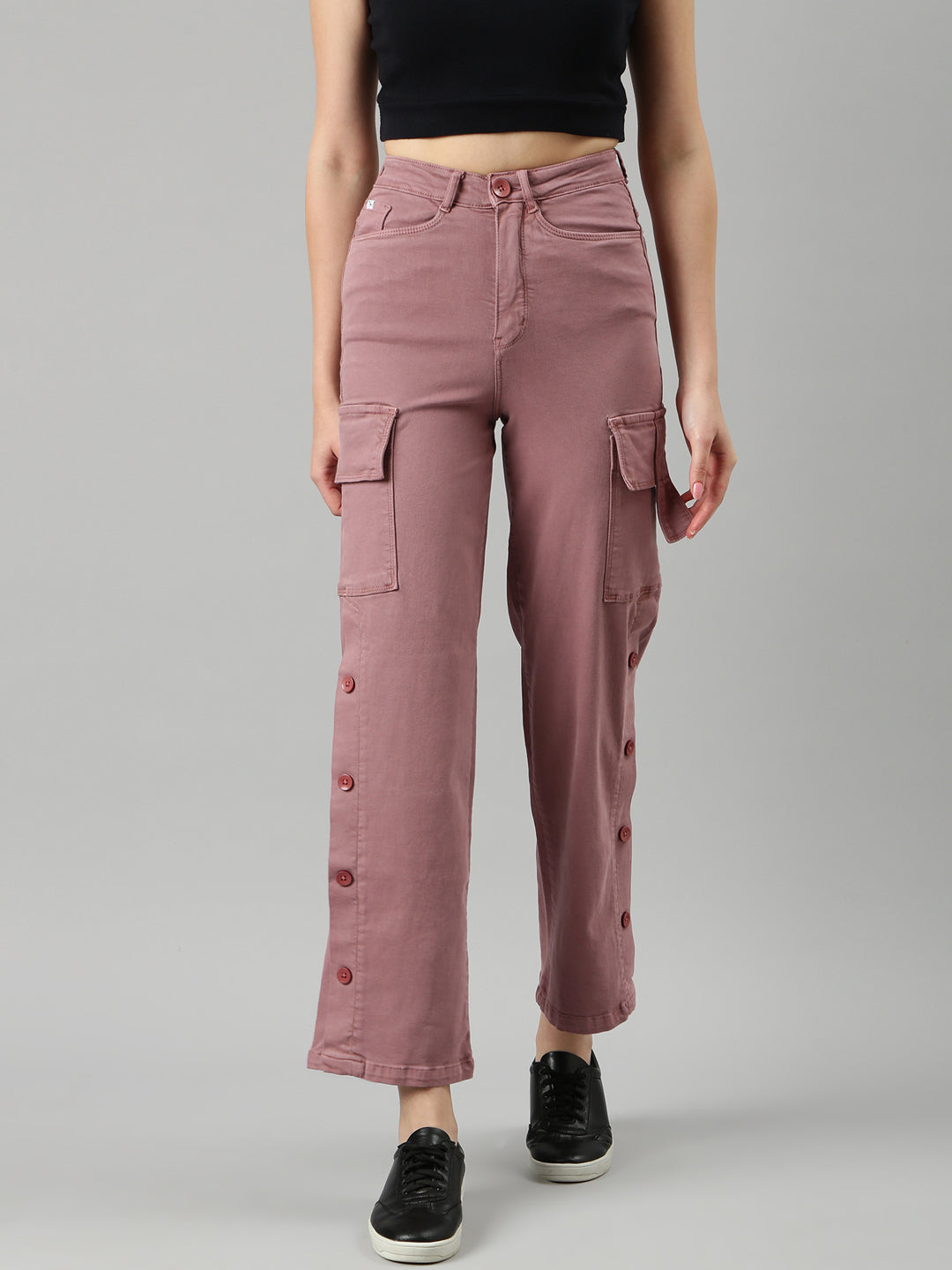 Women's Mauve Wide Leg Fit Acid Wash Cargo Denim Jeans