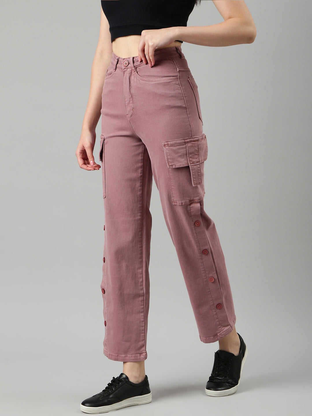 Women's Mauve Wide Leg Fit Acid Wash Cargo Denim Jeans