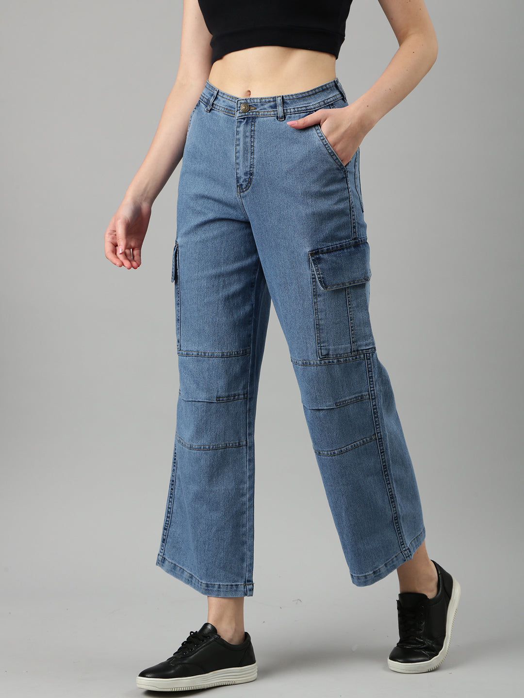 Women's Blue Wide Leg Fit Acid Wash Denim Cargo Jeans