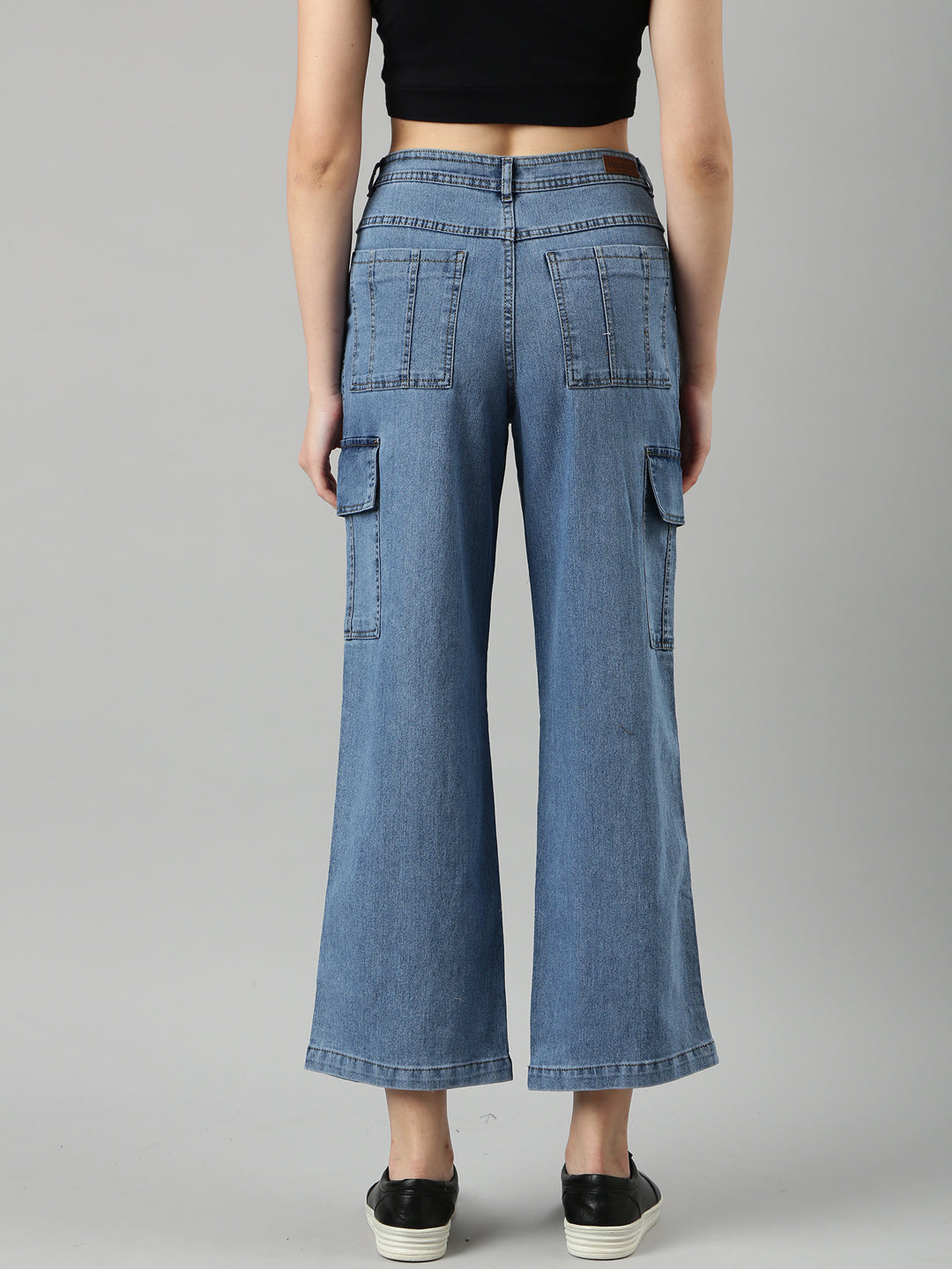 Women's Blue Wide Leg Fit Acid Wash Denim Cargo Jeans