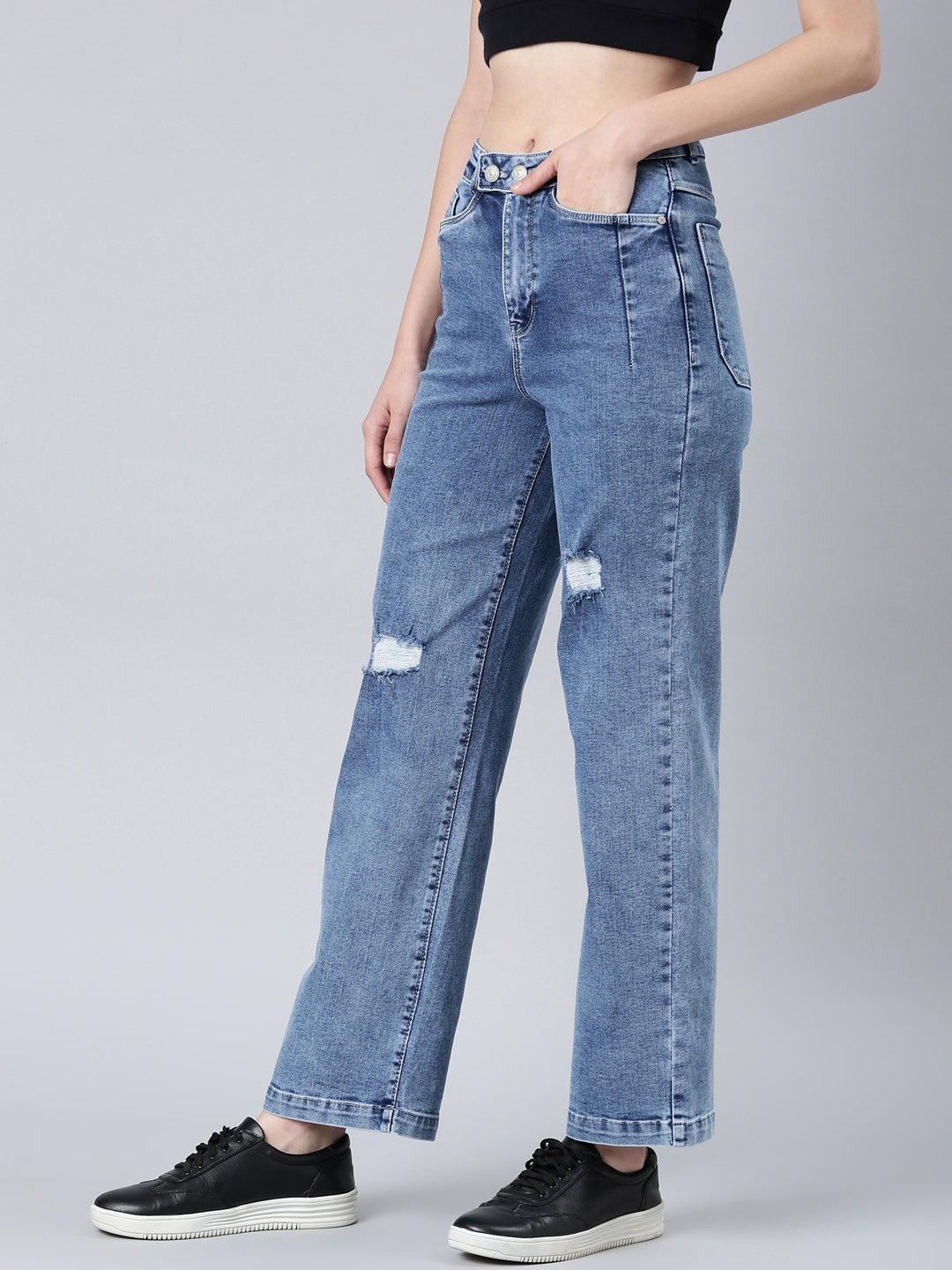 Women's Blue Wide Leg Heavy Fade Acid Wash Denim Jeans