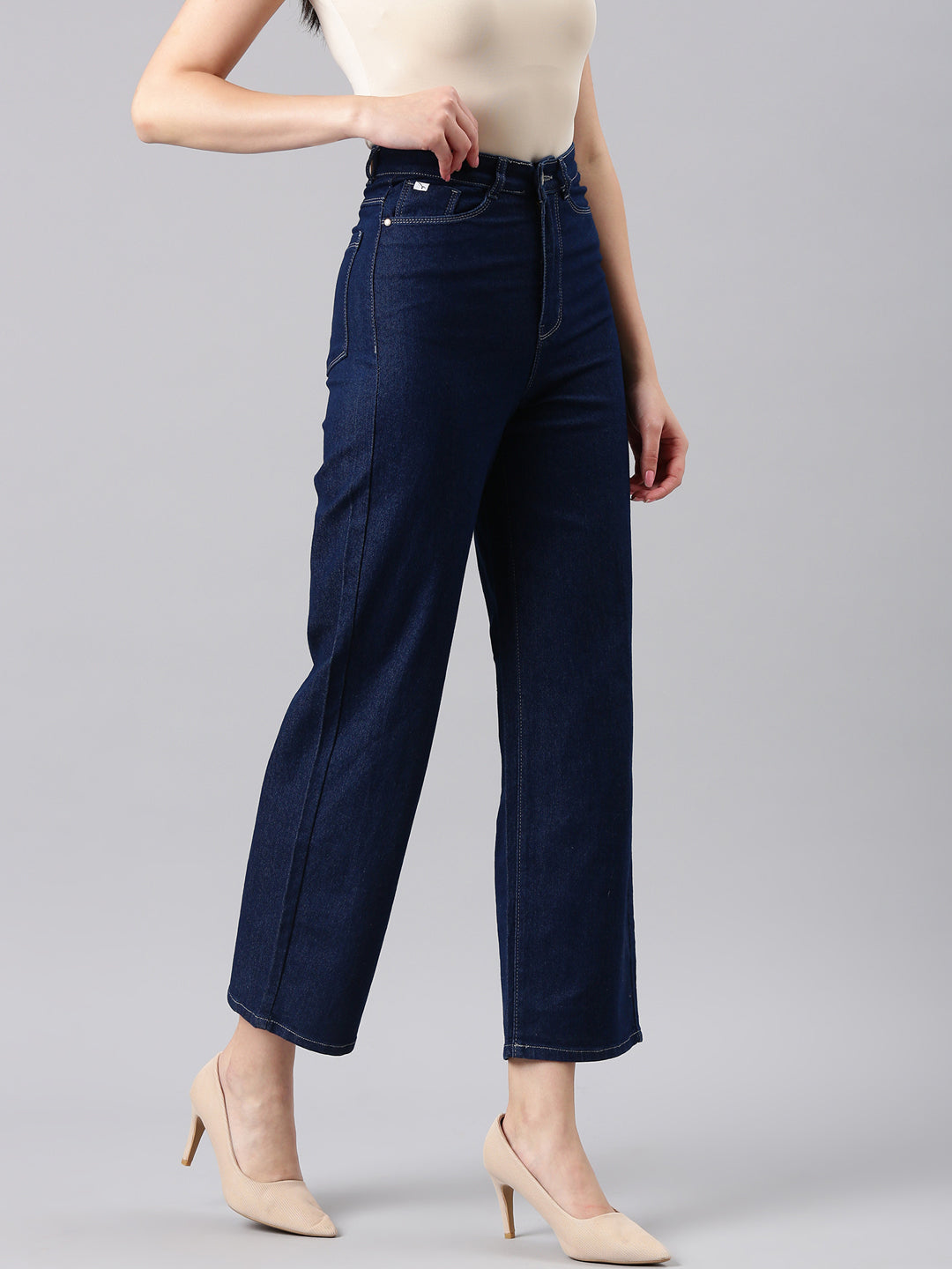 Women's Navy Blue Straight Fit Mid Rise Cropped Denim Jeans