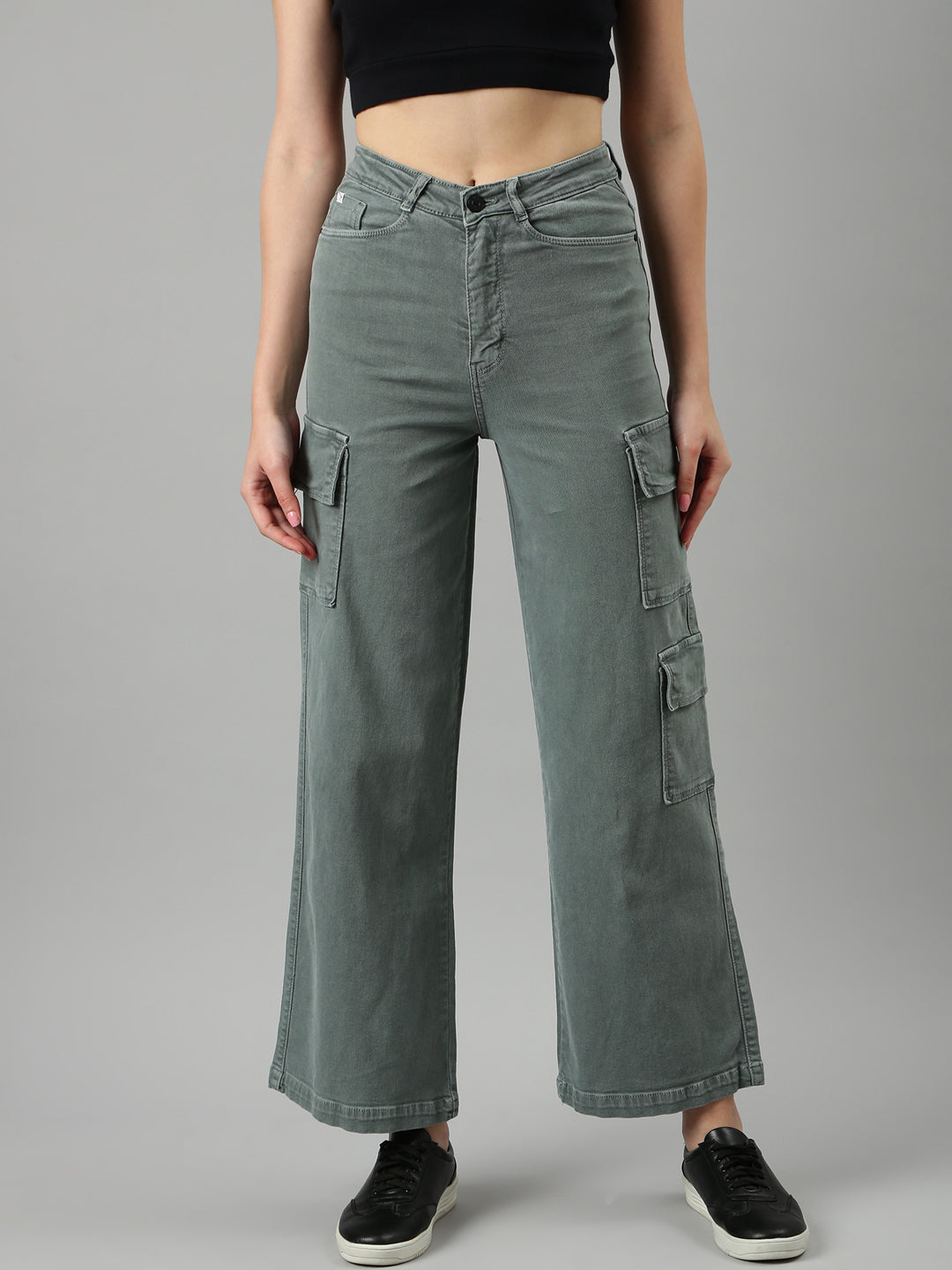 Women's Olive Wide Leg Stretchable Denim Jeans