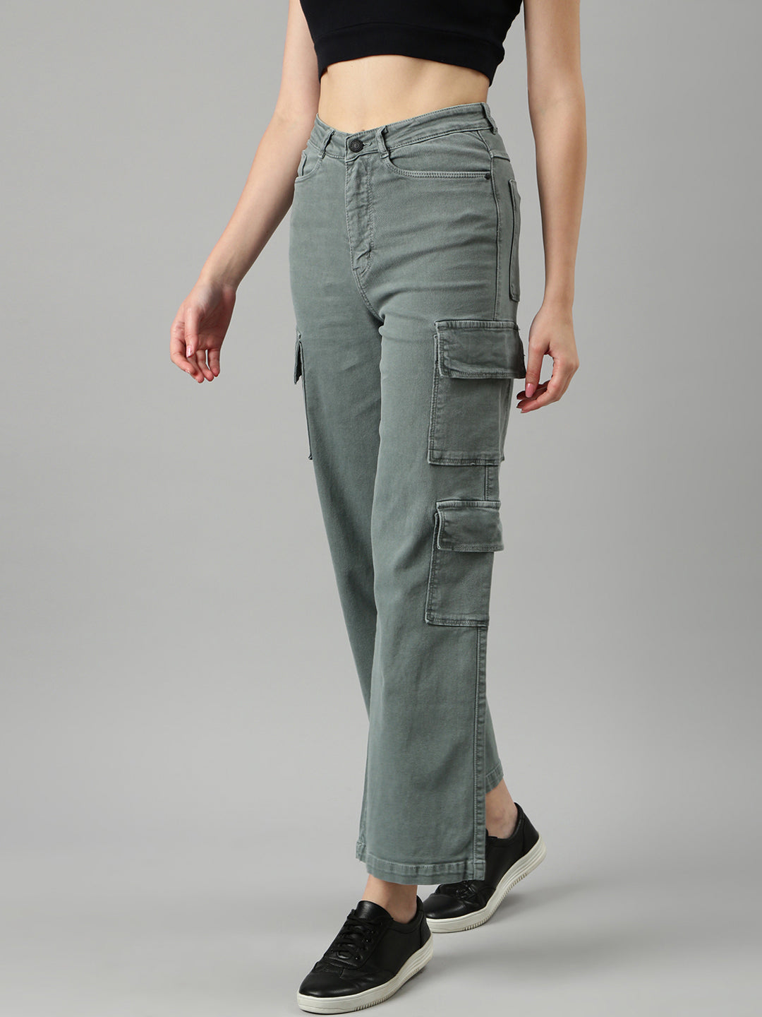 Women's Olive Wide Leg Stretchable Denim Jeans