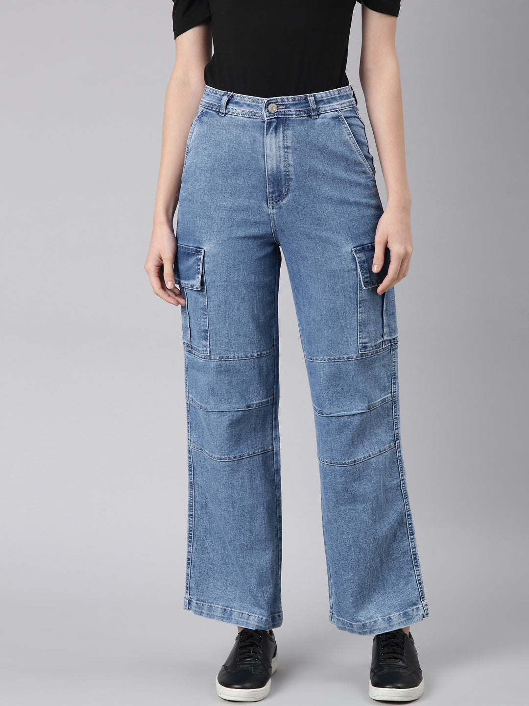 Women's Blue Wide Leg Acid Wash Light Fade Denim Cargo Jeans