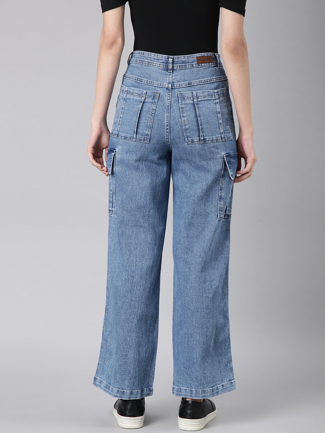 Women's Blue Wide Leg Acid Wash Light Fade Denim Cargo Jeans