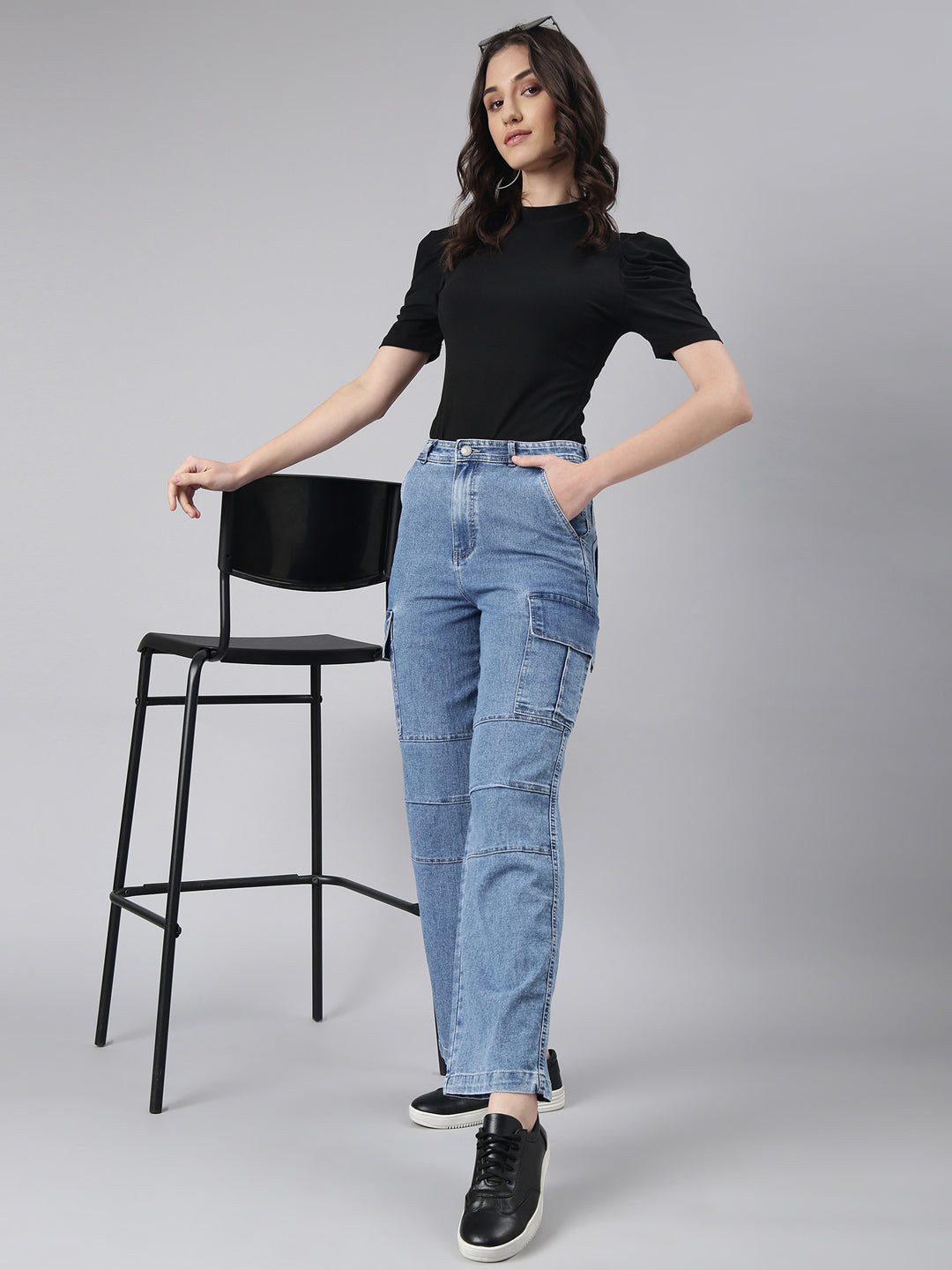 Women's Blue Wide Leg Acid Wash Light Fade Denim Cargo Jeans