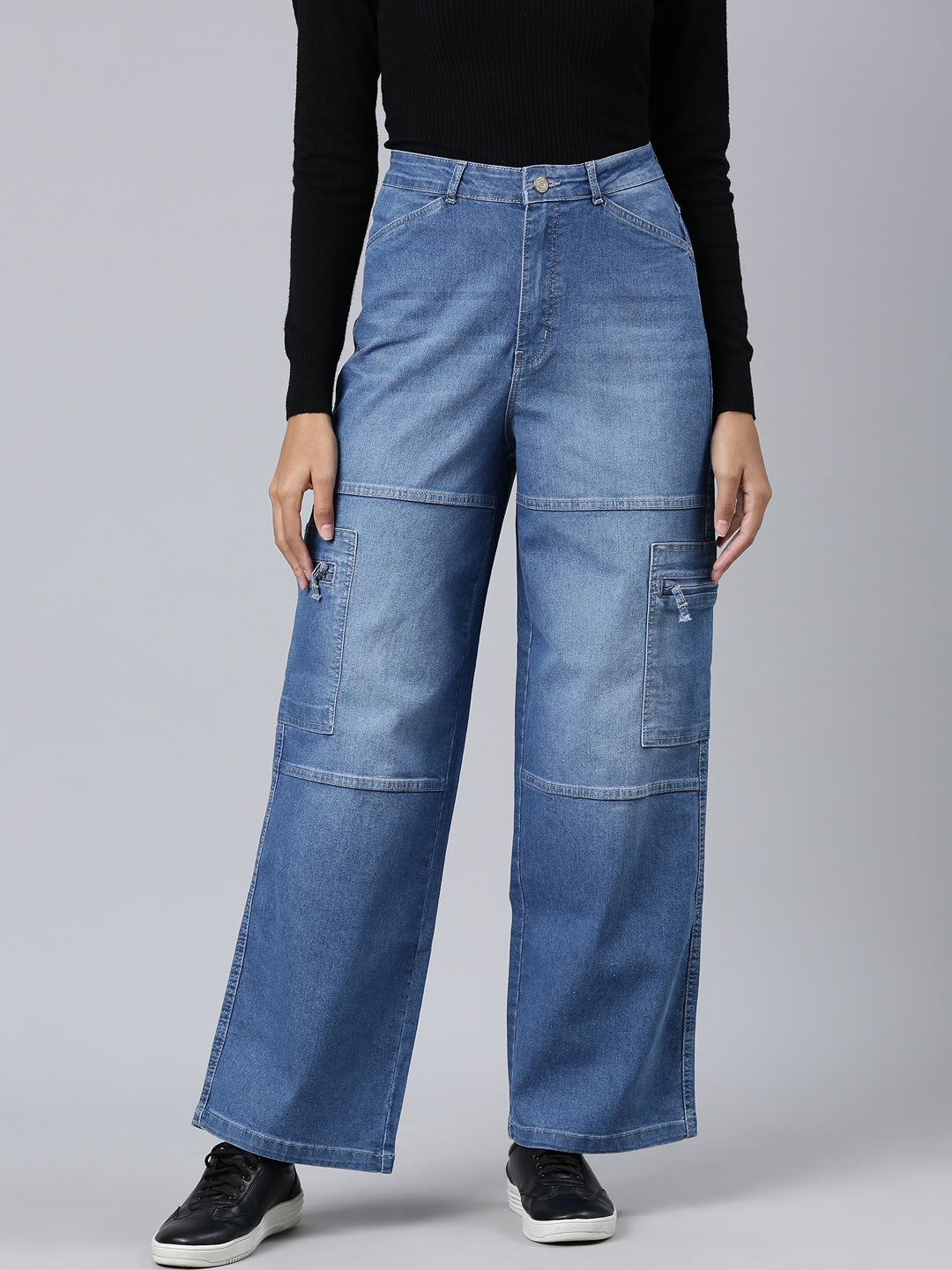Women's Blue Wide Leg Light Fade Denim Cargo Jeans