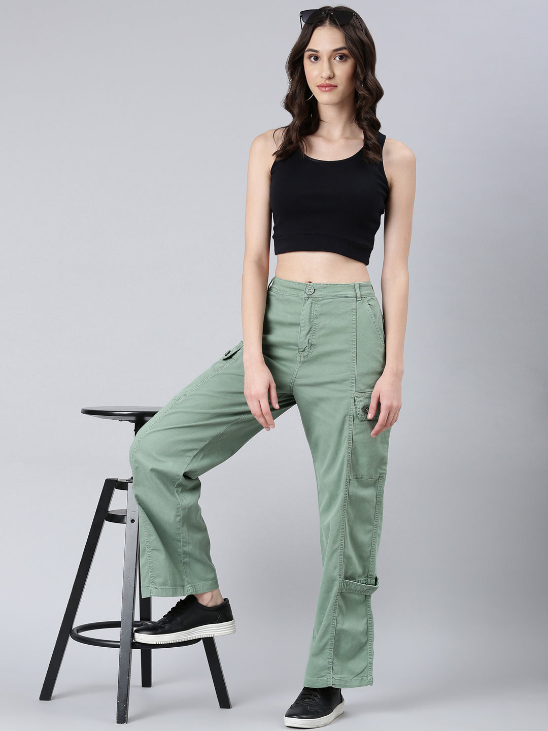 Women's Green Mid Rise Wide Leg Denim Jeans