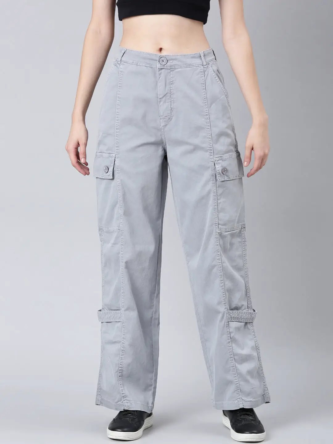 Women's Grey Solid Wide Leg Denim Jeans