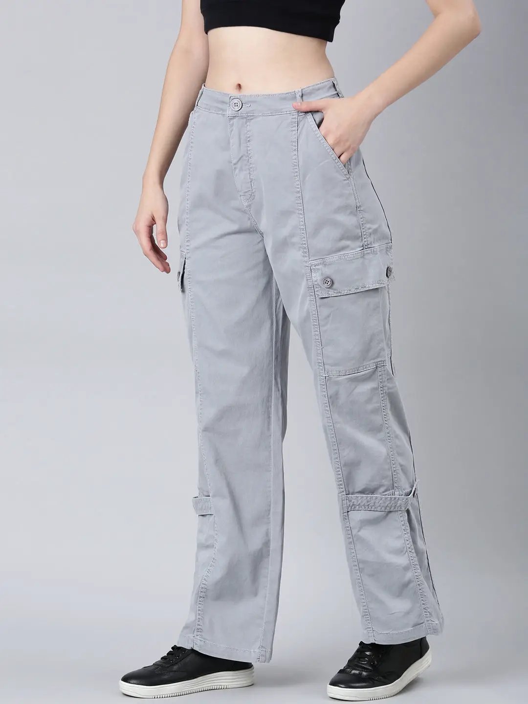 Women's Grey Solid Wide Leg Denim Jeans