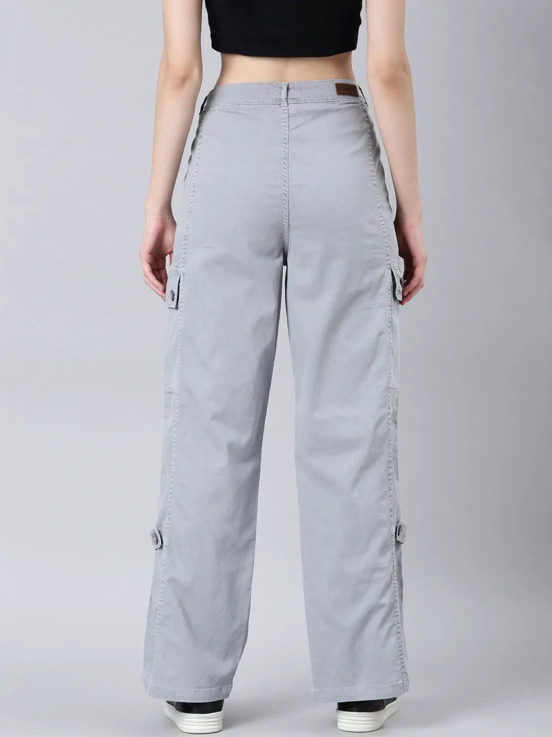 Women's Grey Solid Wide Leg Denim Jeans