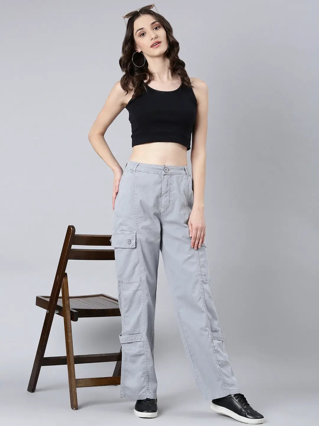 Women's Grey Solid Wide Leg Denim Jeans