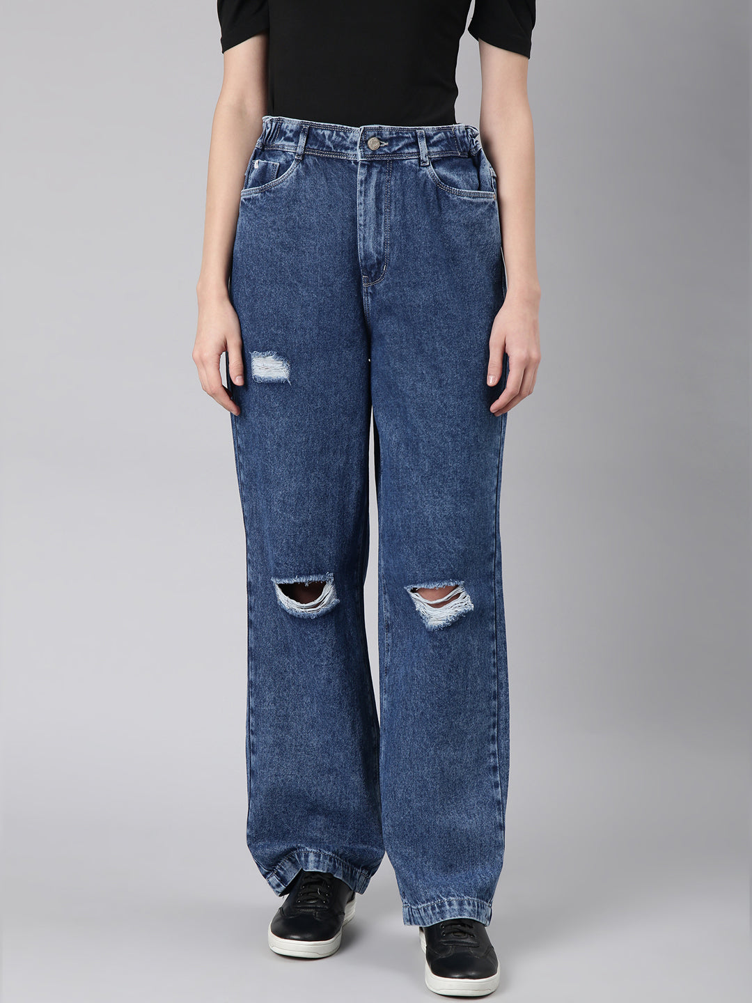 Women's Blue Slash Knee Stretchable Wide Leg Denim Jeans