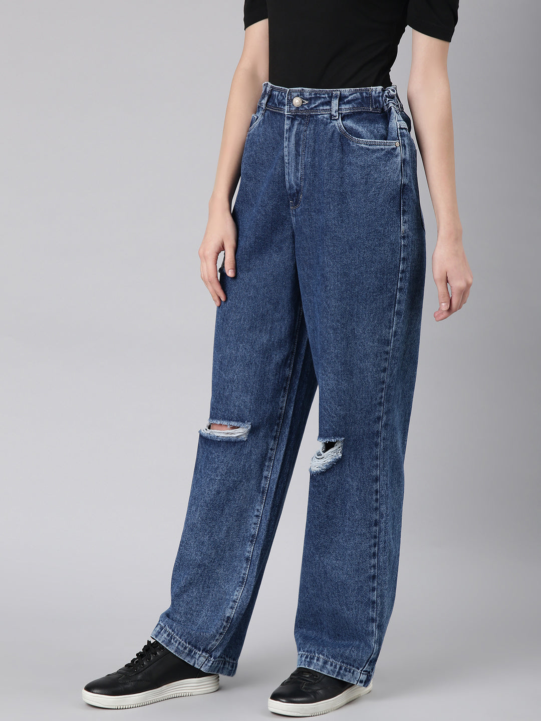 Women's Blue Slash Knee Stretchable Wide Leg Denim Jeans