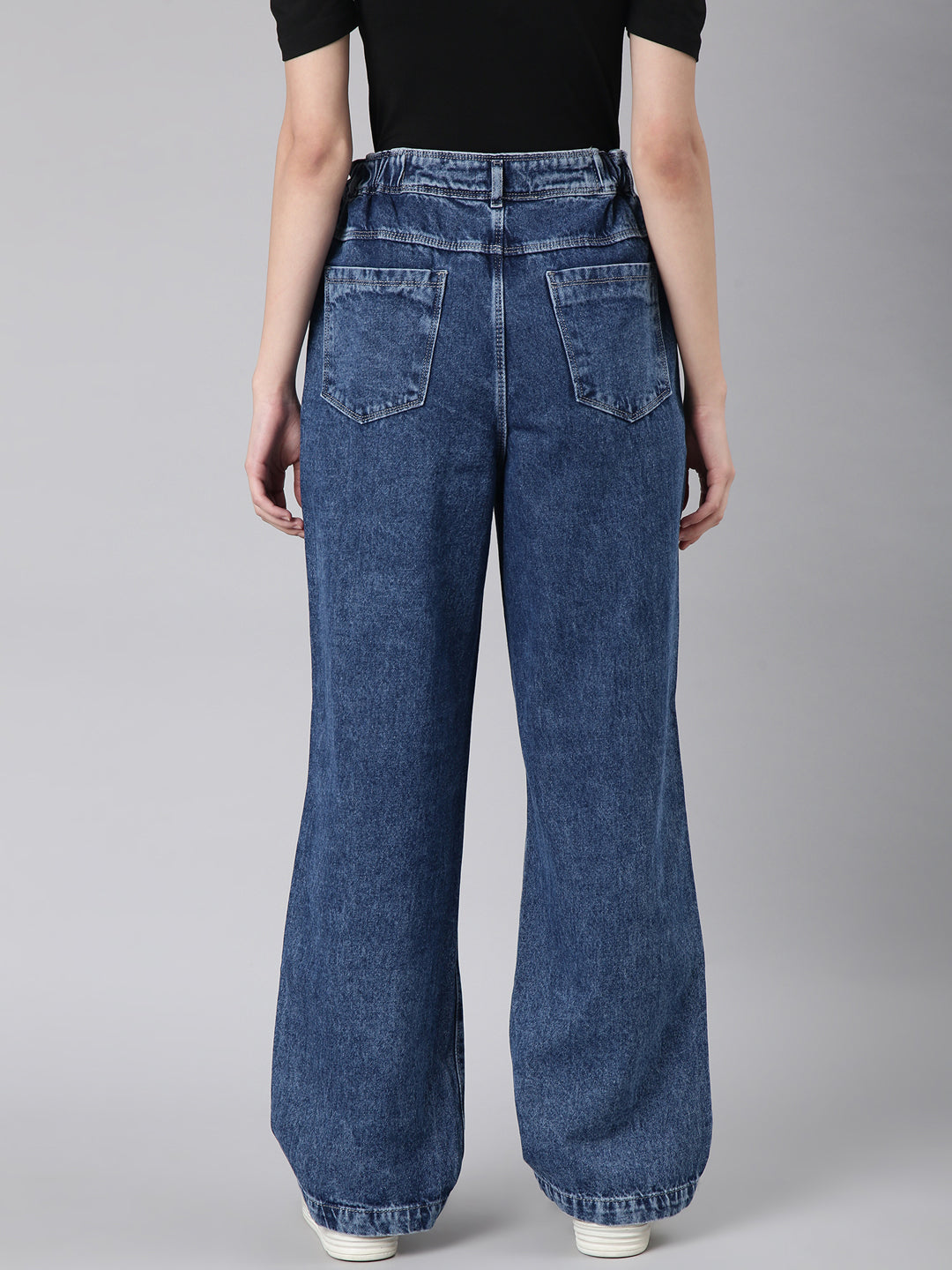 Women's Blue Slash Knee Stretchable Wide Leg Denim Jeans