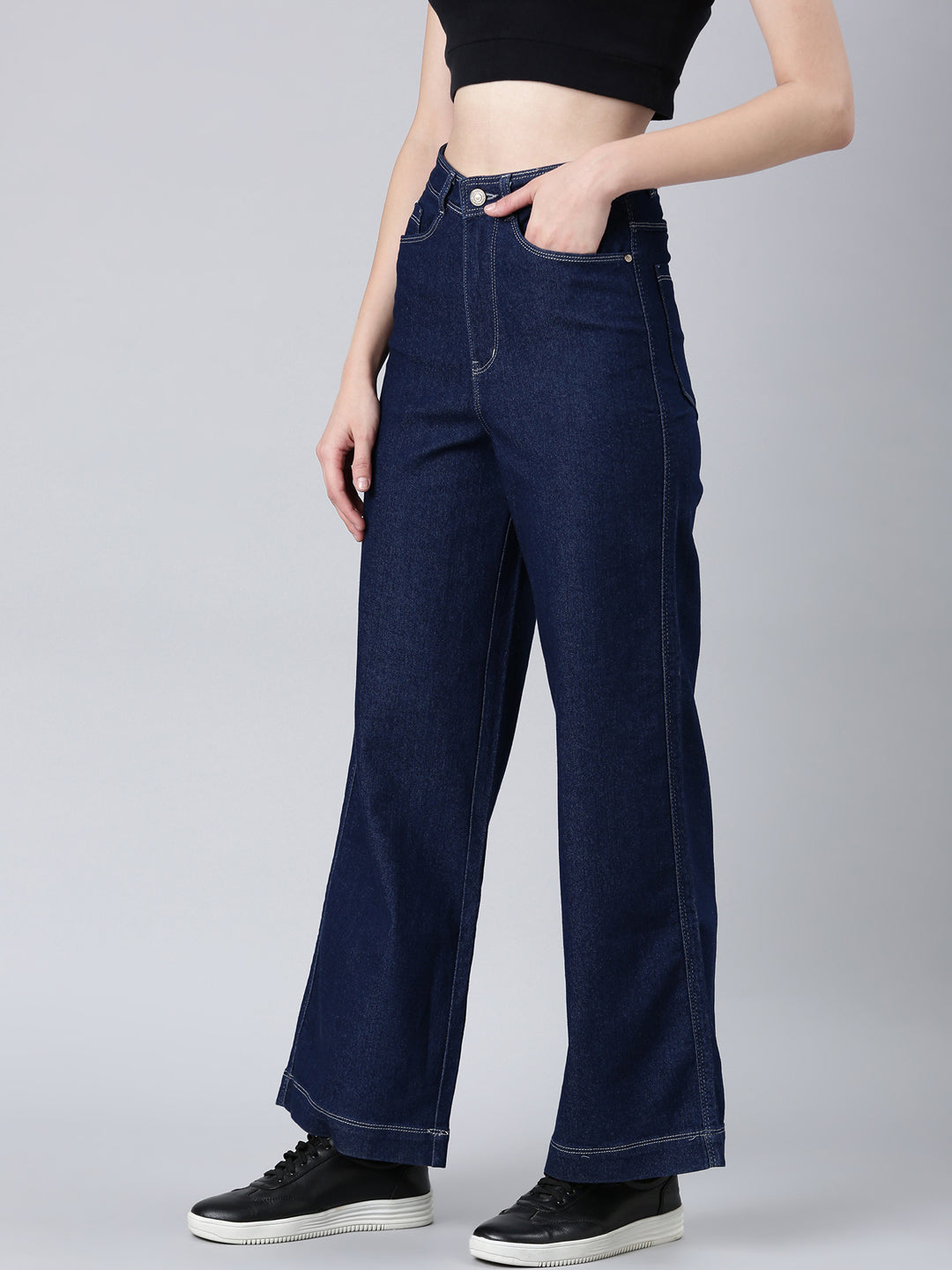 Women's Navy Blue Clean Look Mid-Rise Wide Leg Denim Jeans