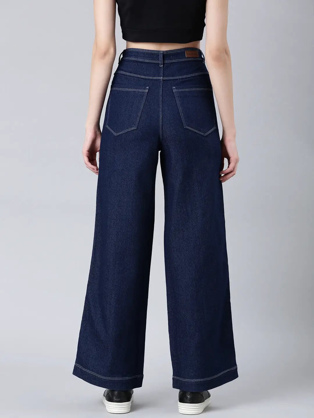 Women's Navy Blue Clean Look Mid-Rise Wide Leg Denim Jeans