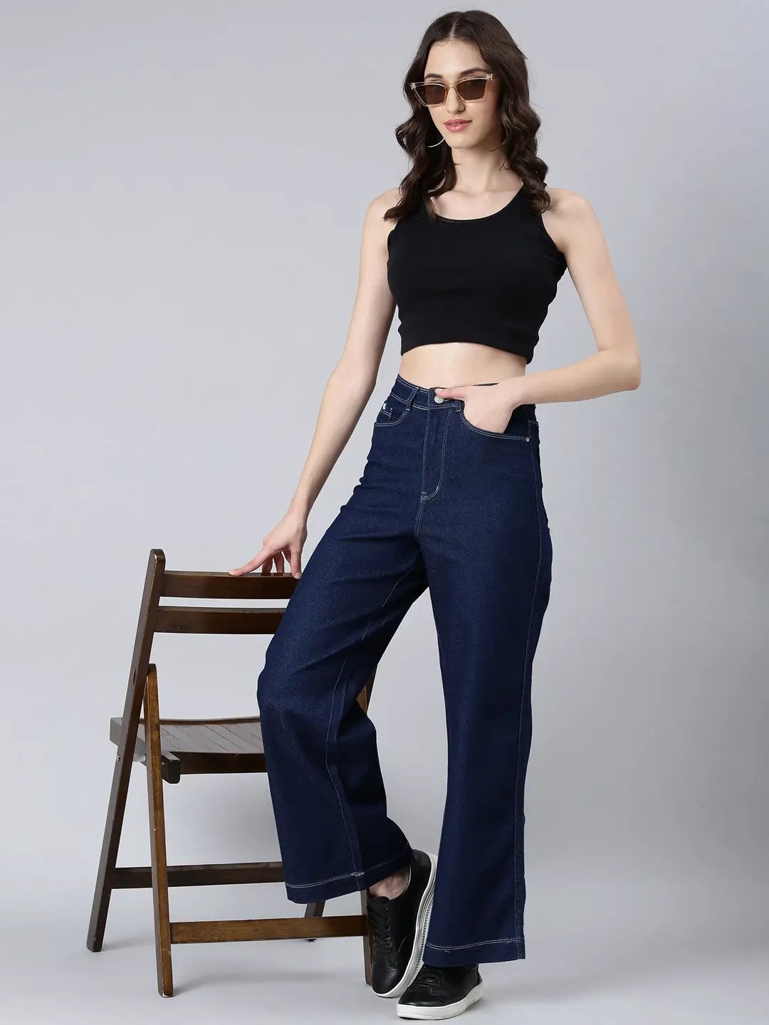 Women's Navy Blue Clean Look Mid-Rise Wide Leg Denim Jeans