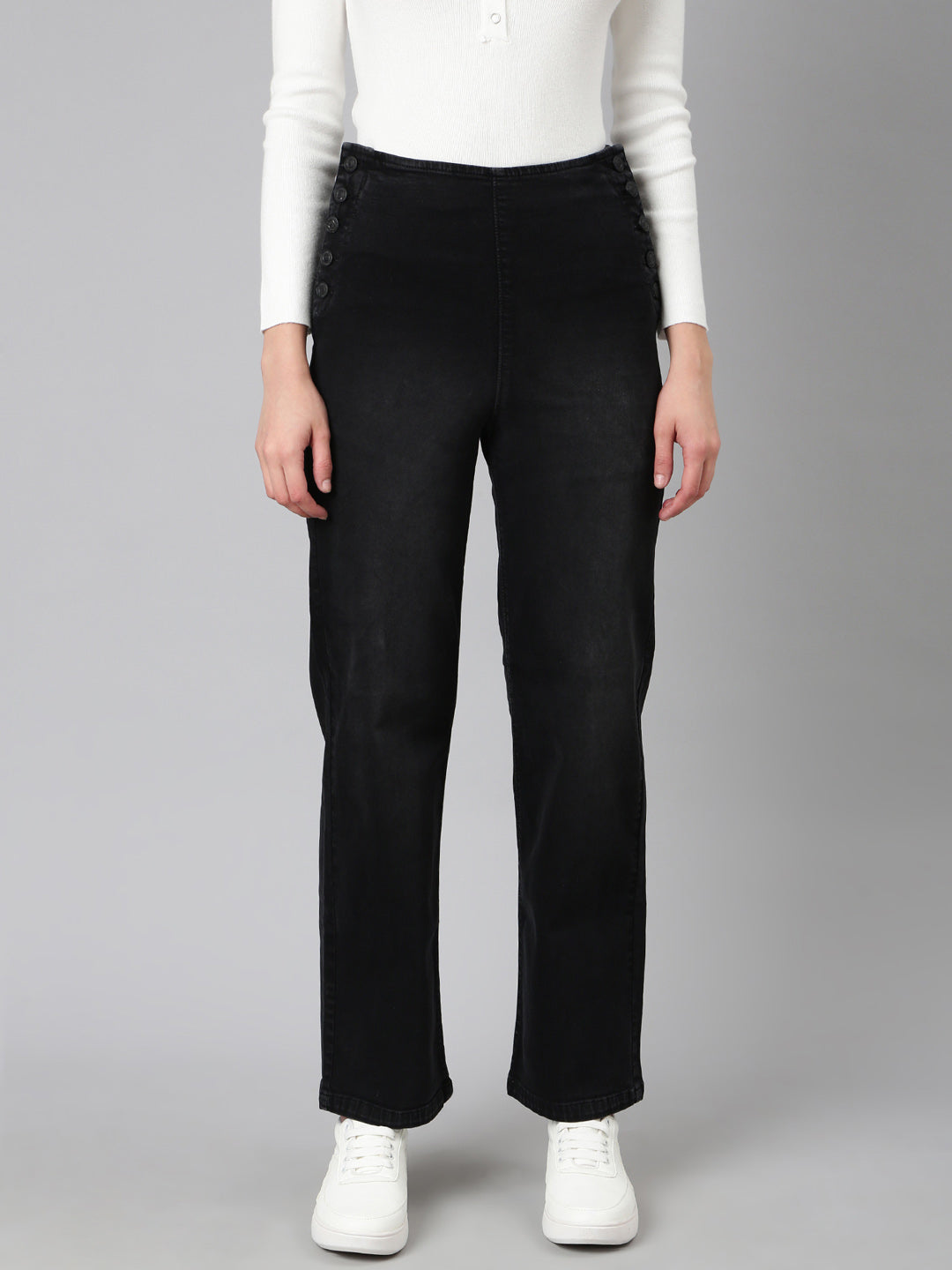 Women's Black Straight Fit Stretchable Denim Jeans