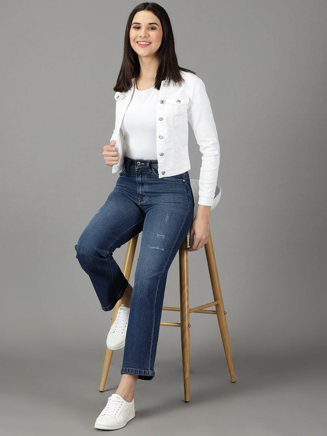 Women's Navy Blue Solid Straight Fit Denim Jeans