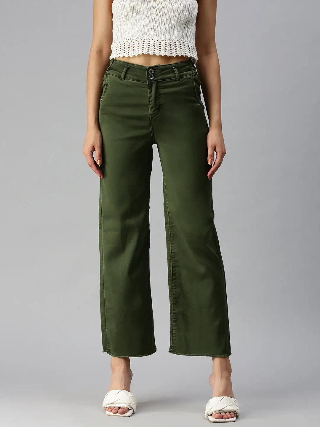 Women's Olive Solid Denim Wide Leg Jeans