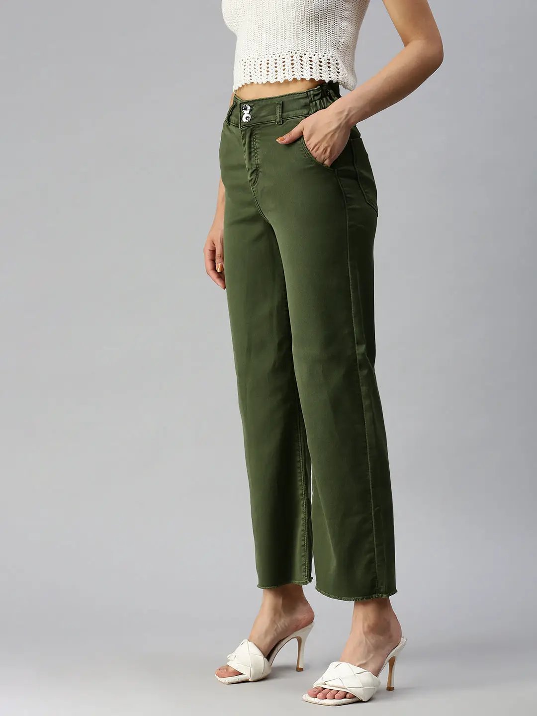 Women's Olive Solid Denim Wide Leg Jeans
