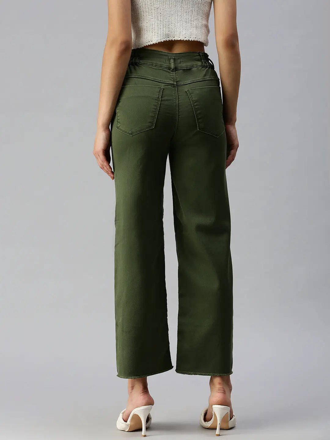 Women's Olive Solid Denim Wide Leg Jeans