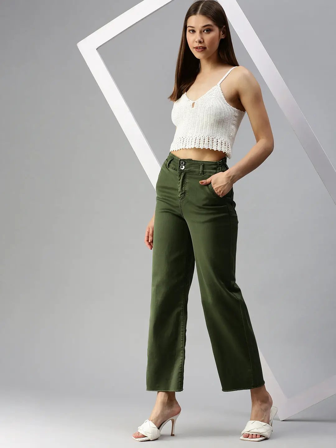 Women's Olive Solid Denim Wide Leg Jeans