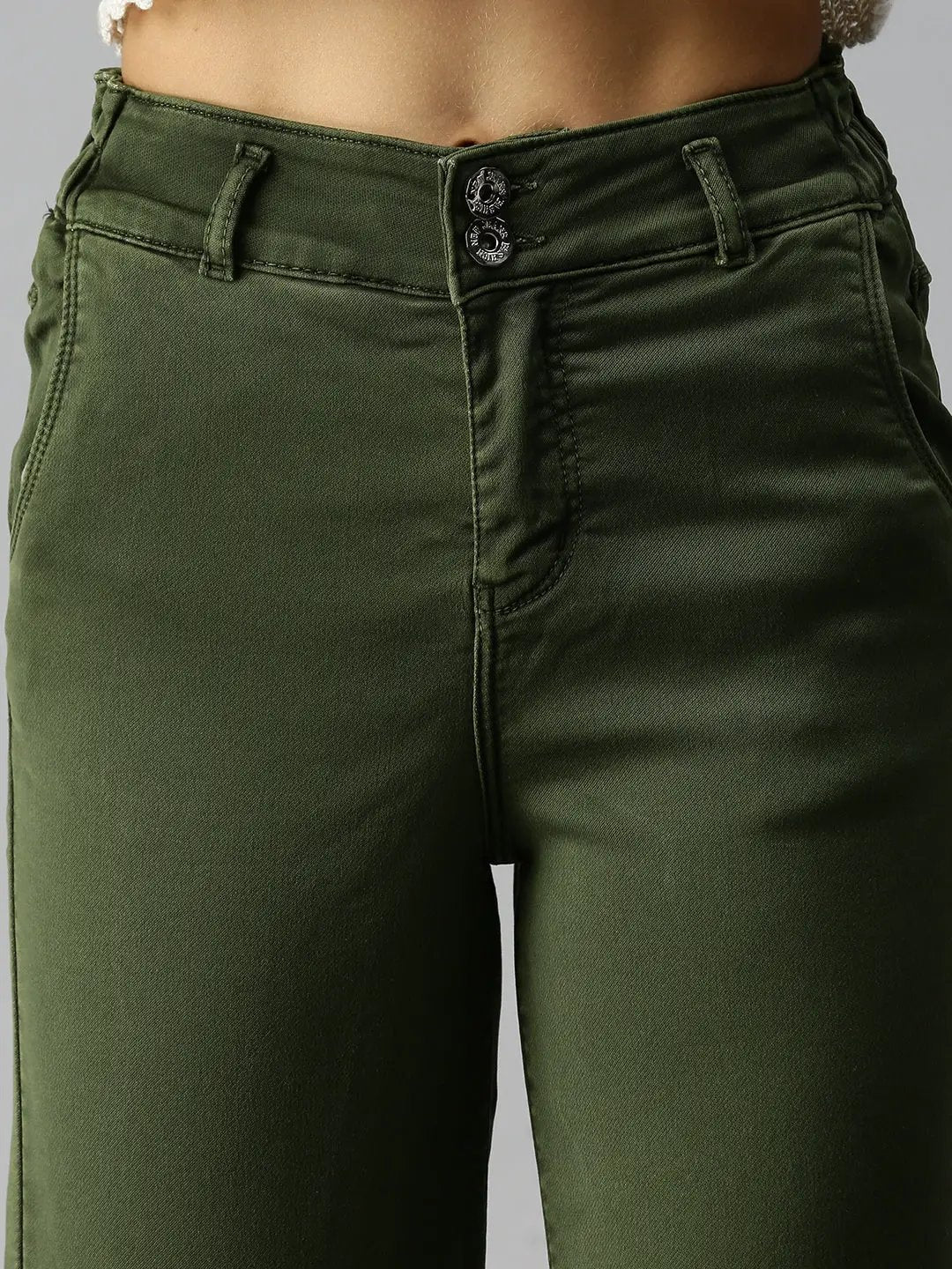 Women's Olive Solid Denim Wide Leg Jeans