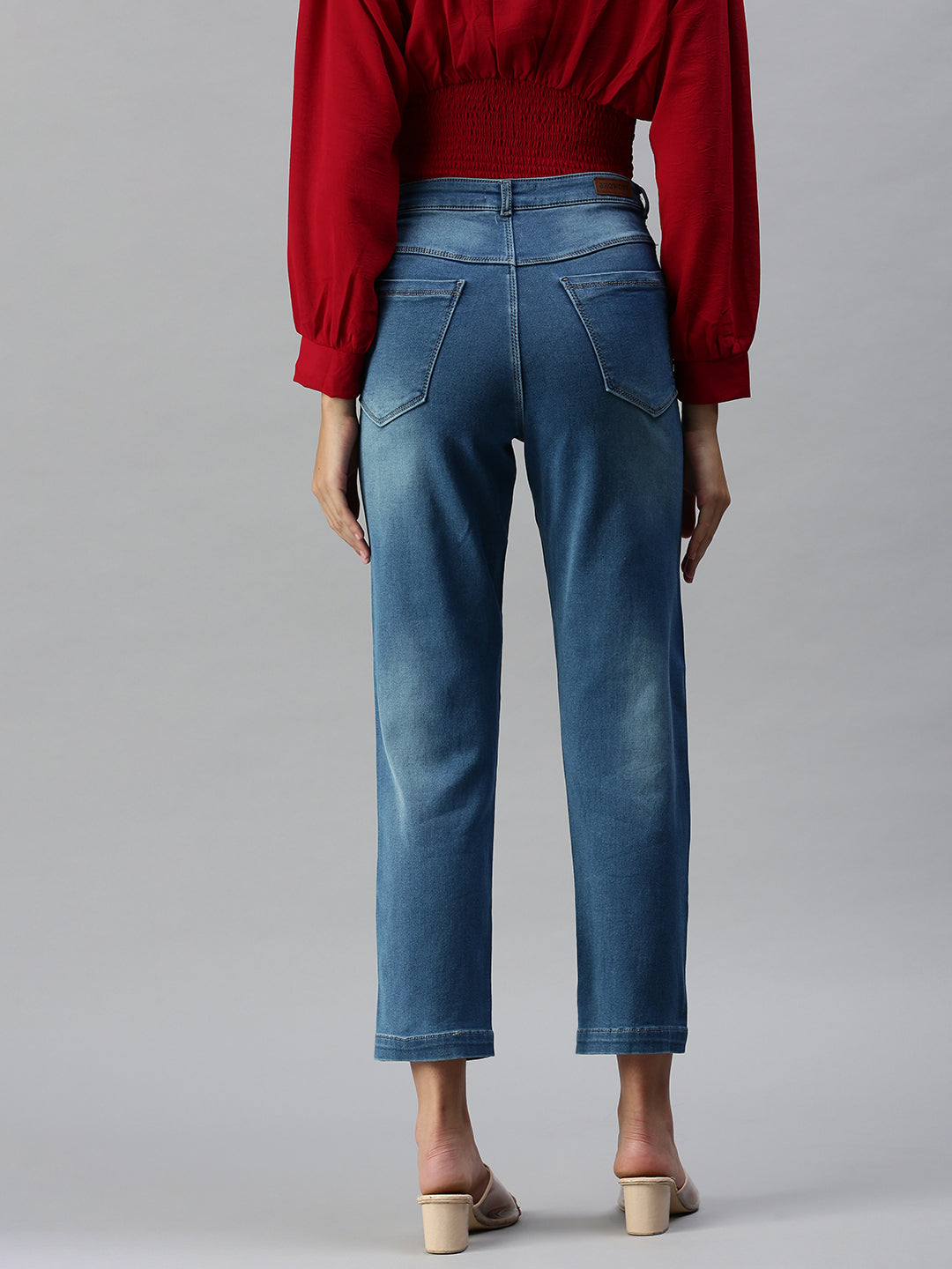 Women's Blue Straight Fit High-Rise Low Distress Light Fade Stretchable Denim Jeans