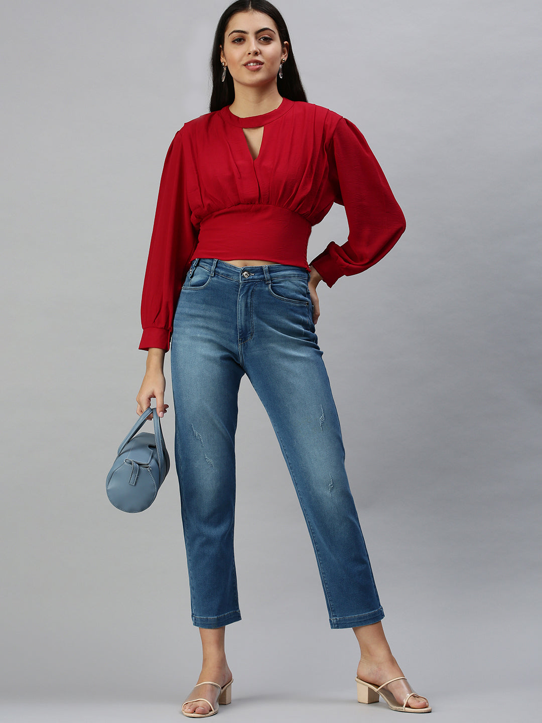 Women's Blue Straight Fit High-Rise Low Distress Light Fade Stretchable Denim Jeans