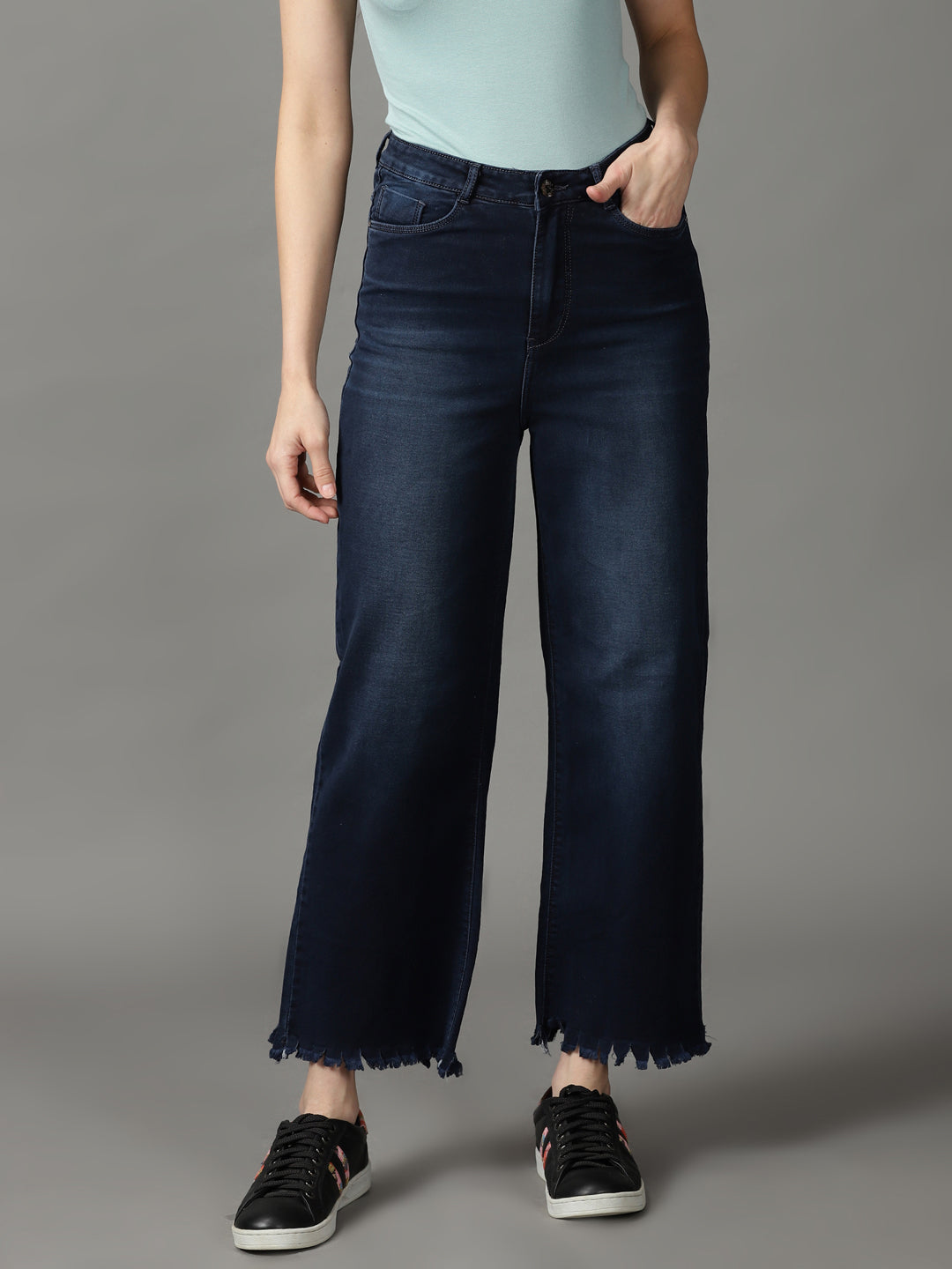 Women's Navy Blue Solid Straight Fit Denim Jeans