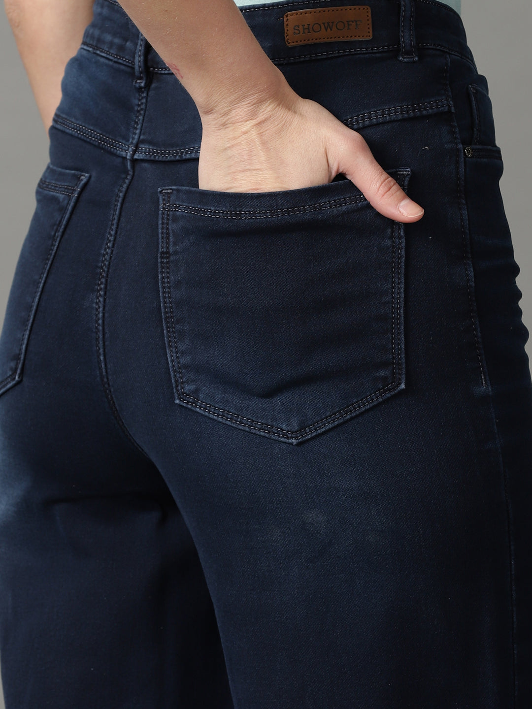 Women's Navy Blue Solid Straight Fit Denim Jeans