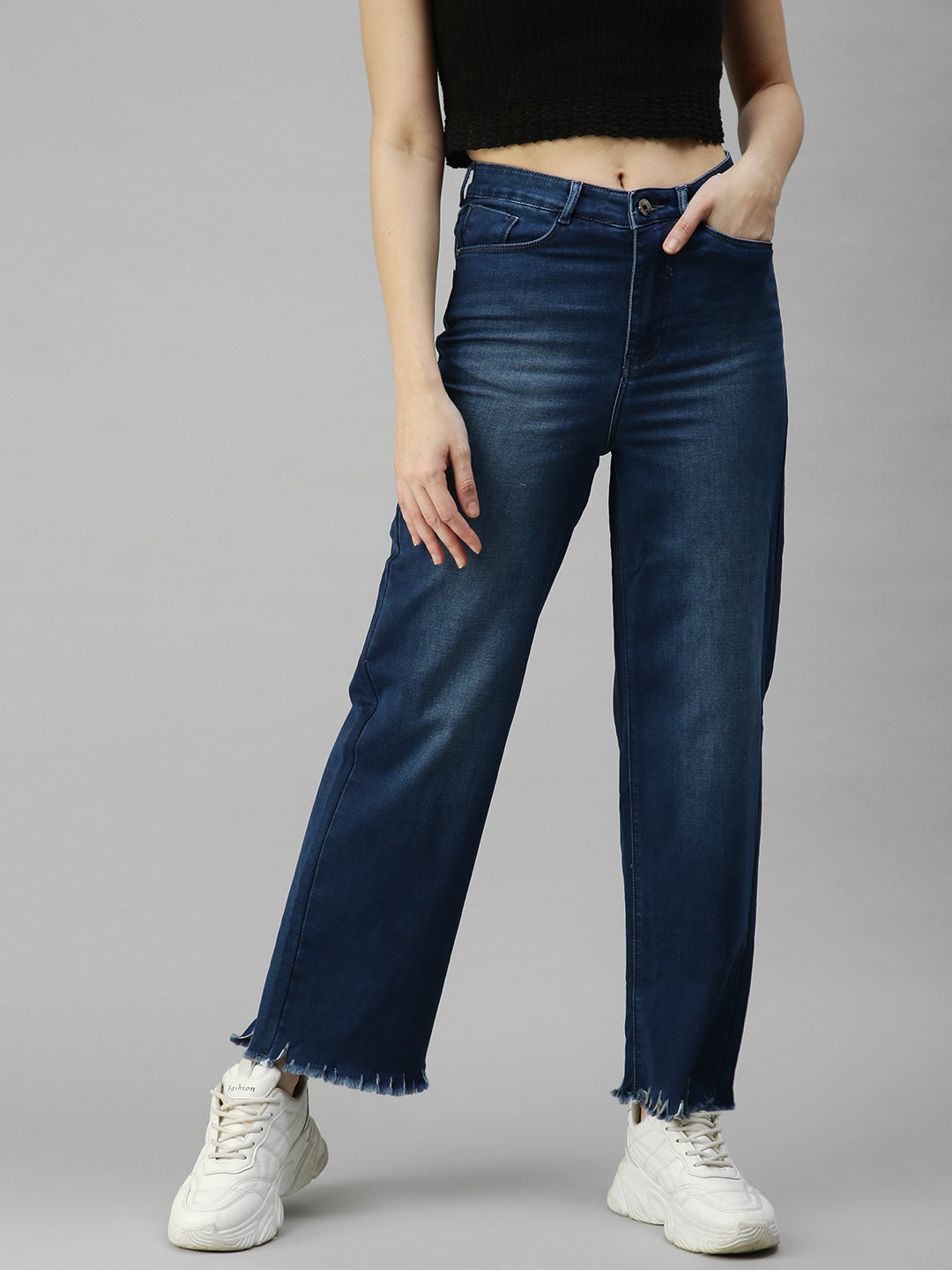 Women's Navy Blue Solid Denim Wide Leg Jeans