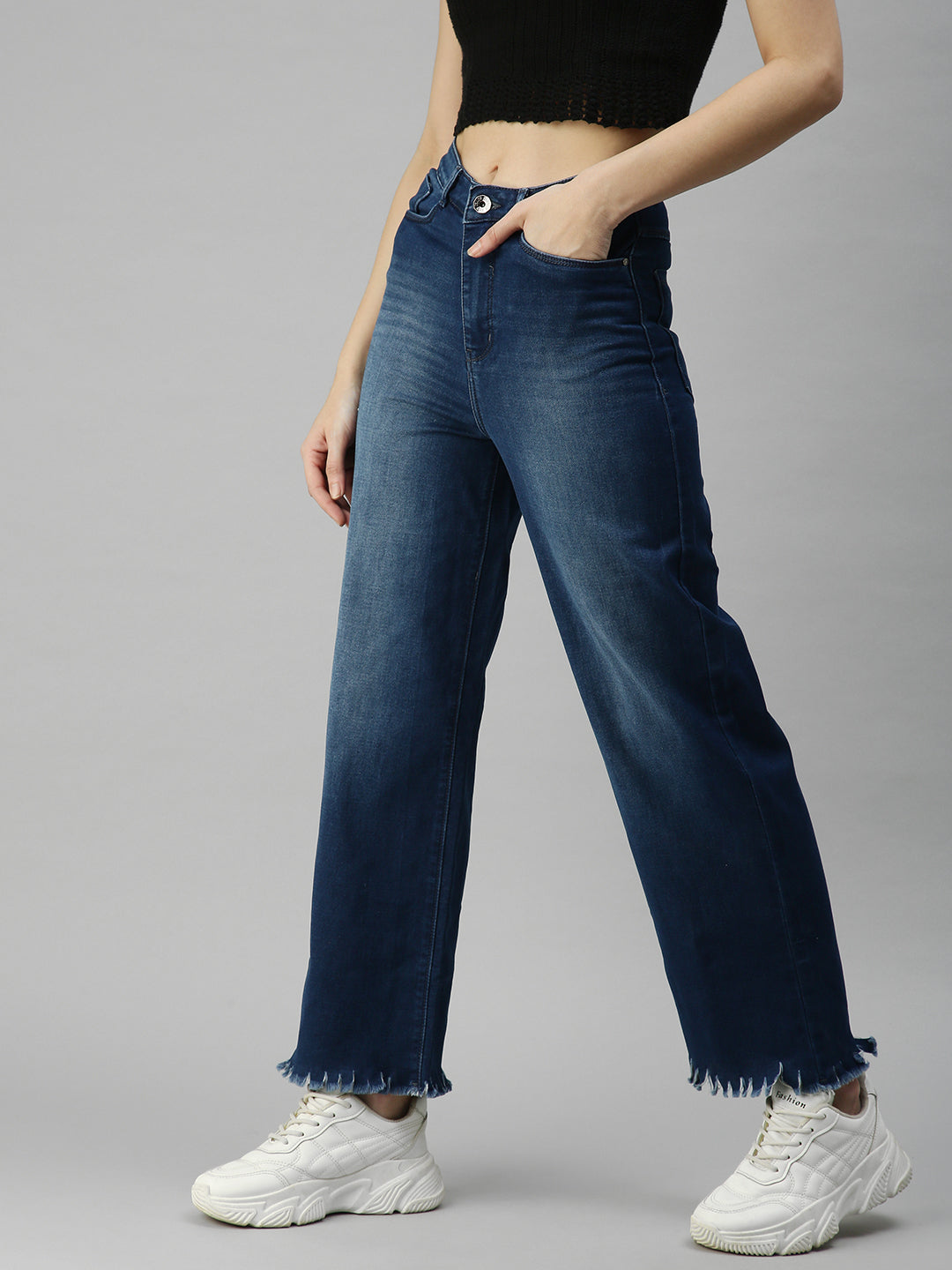 Women's Navy Blue Solid Denim Wide Leg Jeans