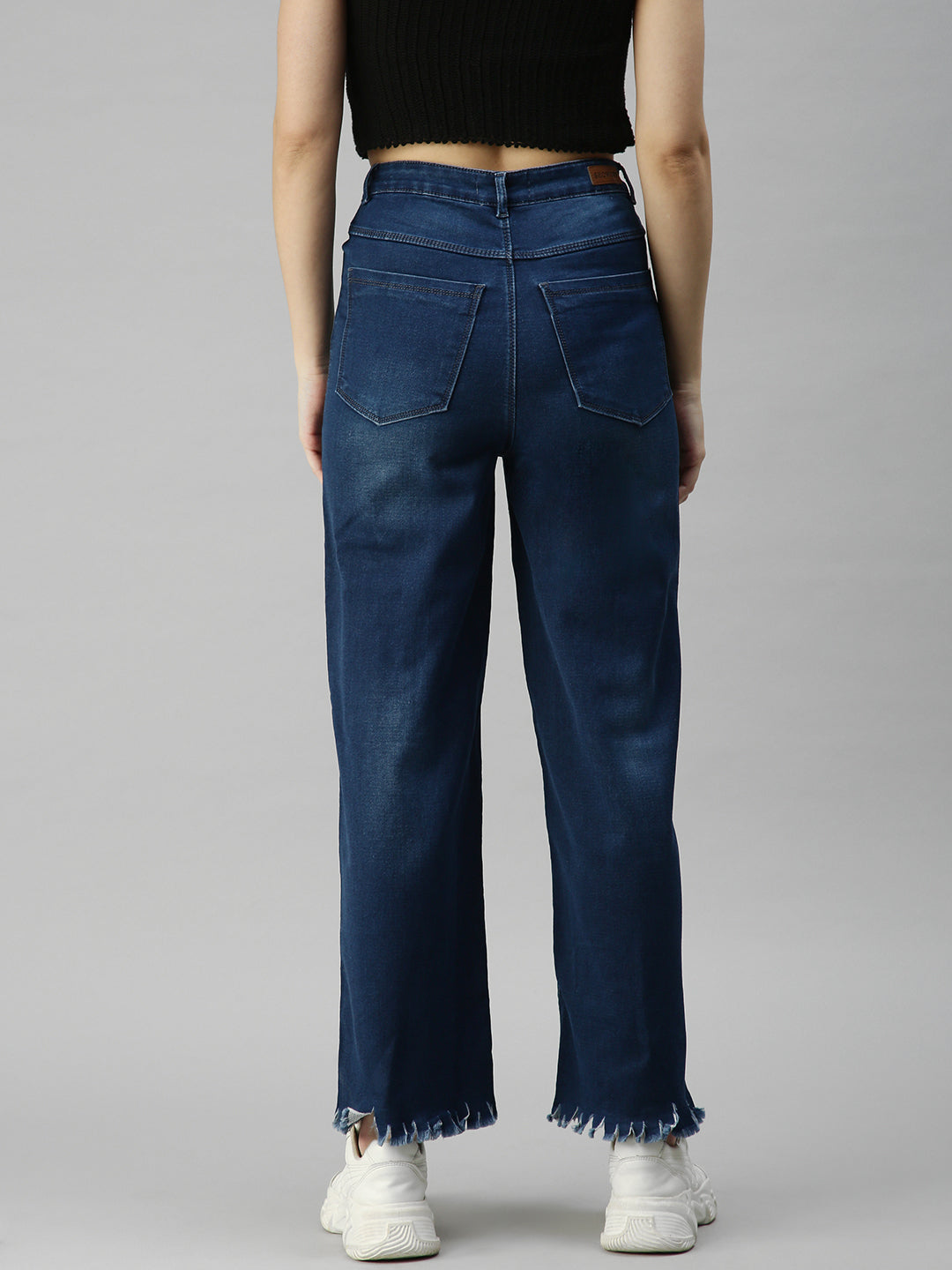 Women's Navy Blue Solid Denim Wide Leg Jeans