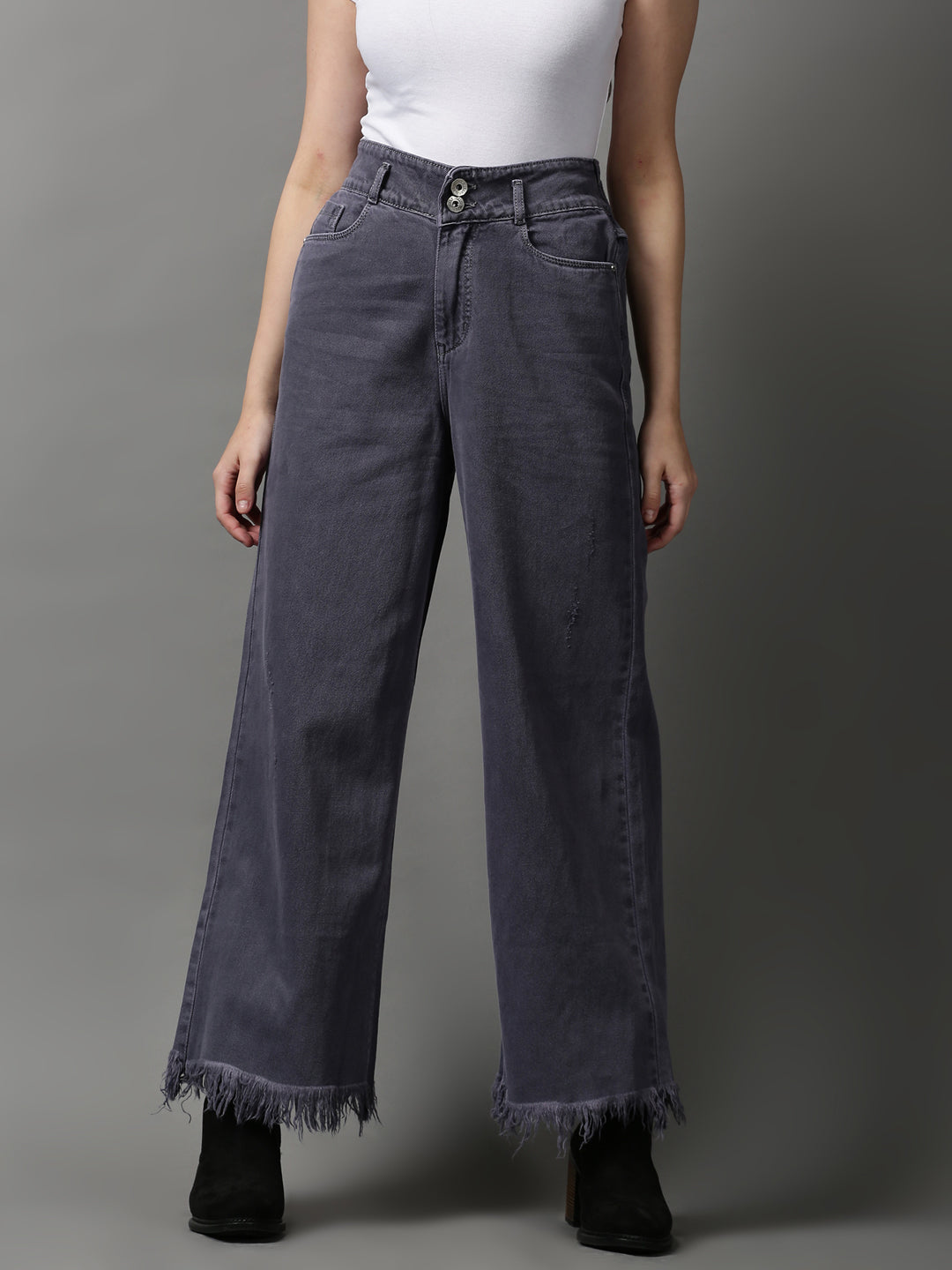 Women's Violet Solid Wide Leg Denim Jeans