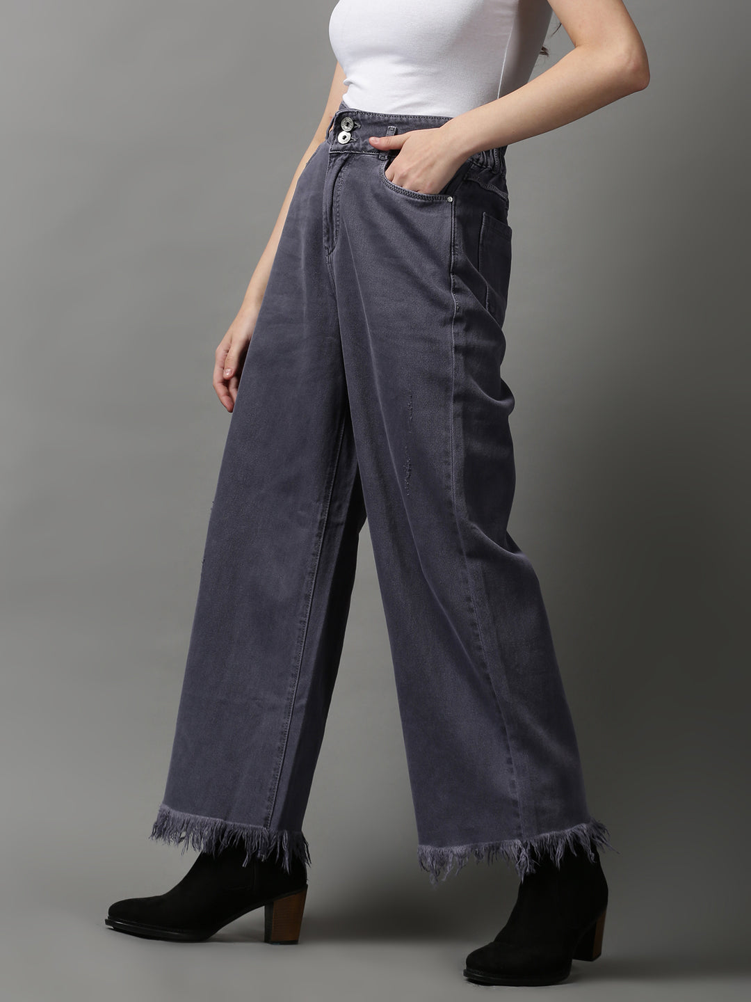 Women's Violet Solid Wide Leg Denim Jeans