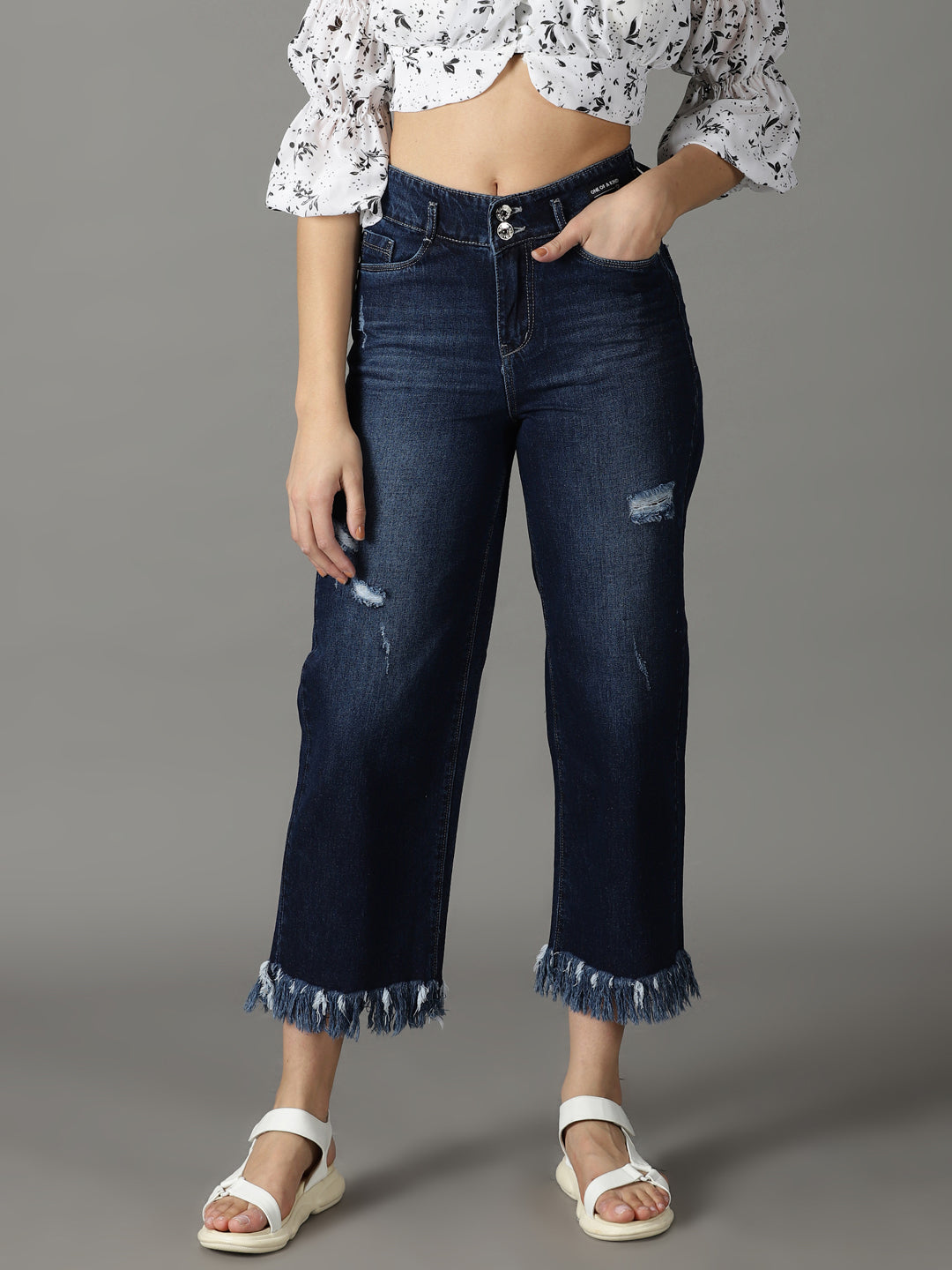 Women's Navy Blue Solid Wide Leg Denim Jeans