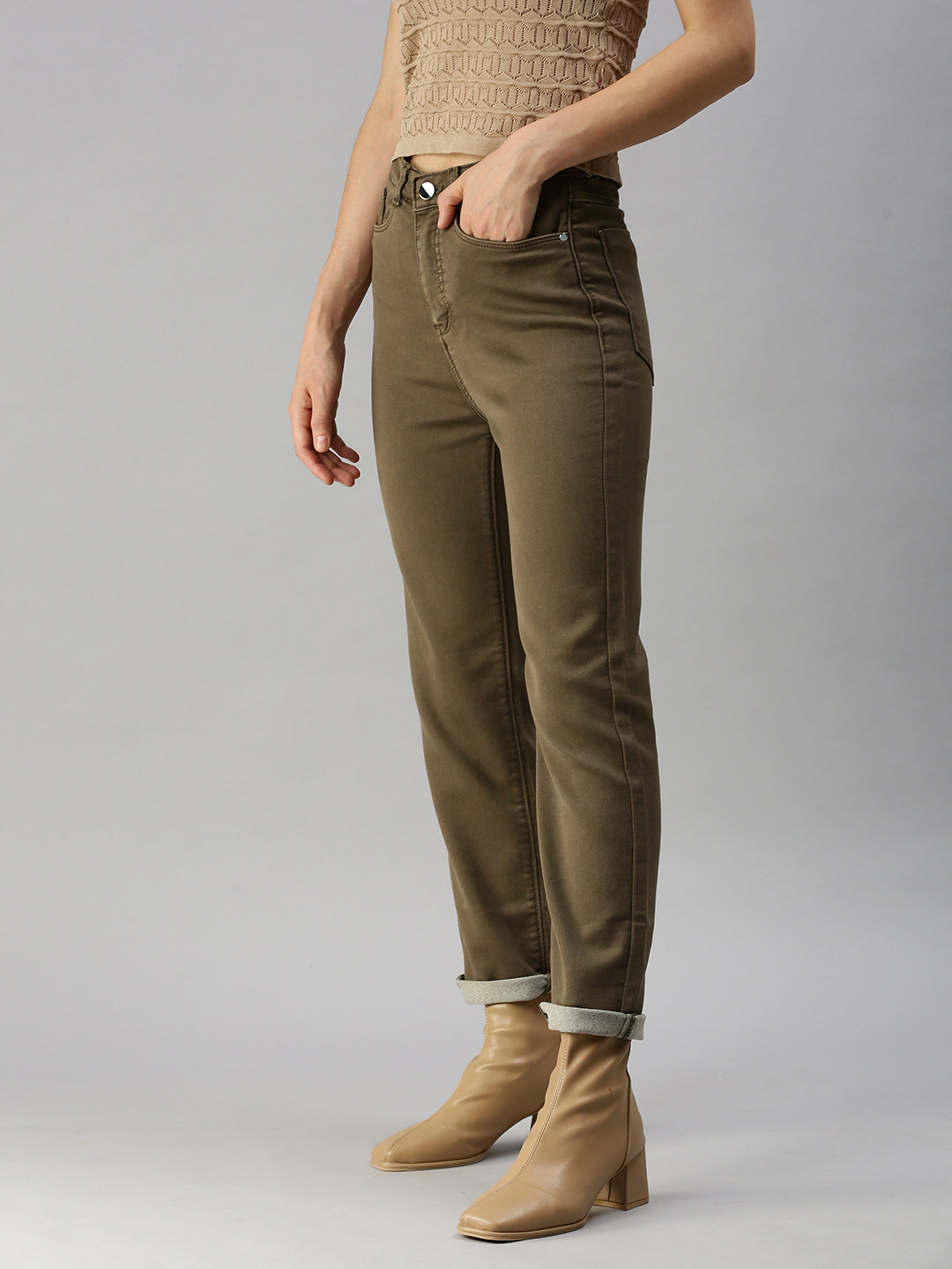 Women's Khaki Solid Straight Fit Denim Jeans