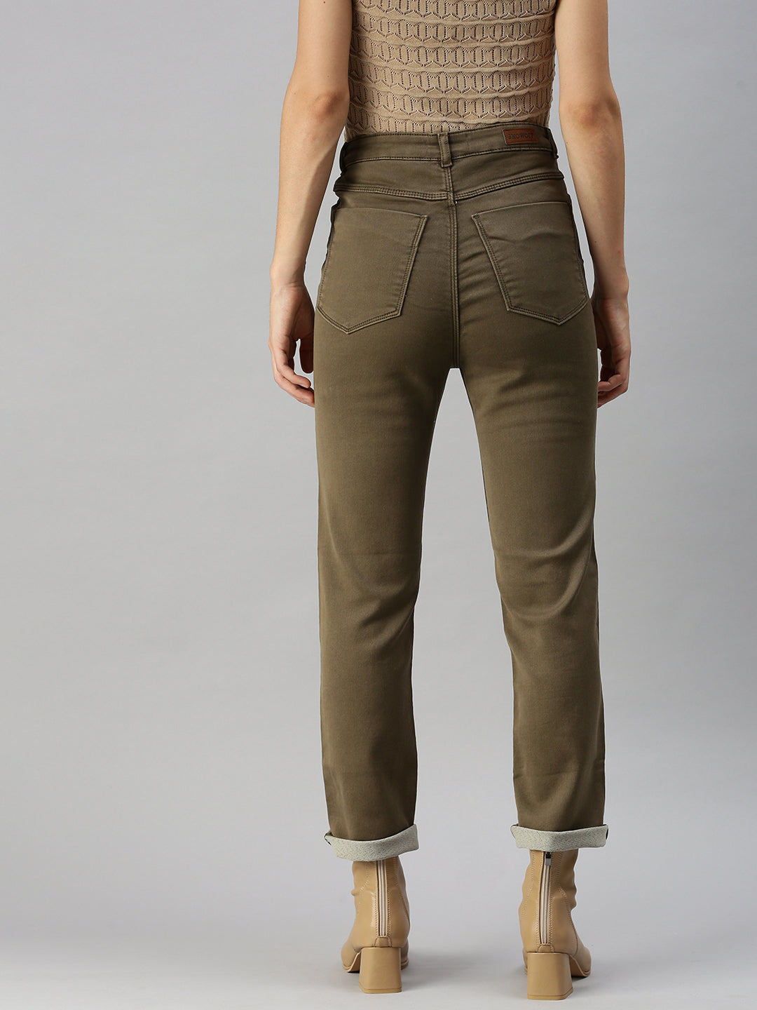 Women's Khaki Solid Straight Fit Denim Jeans