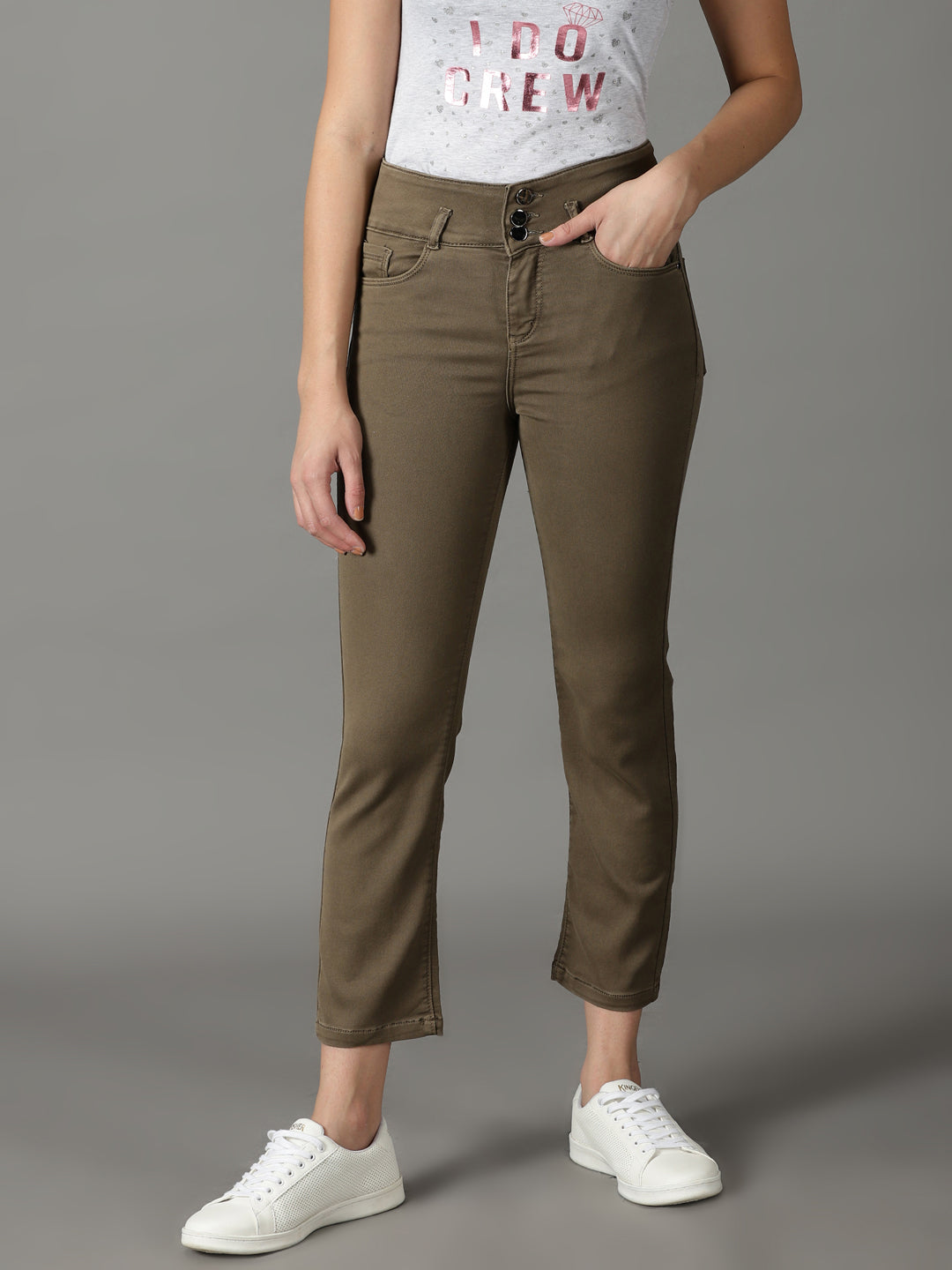 Women's Khaki Solid Fit Denim Jeans